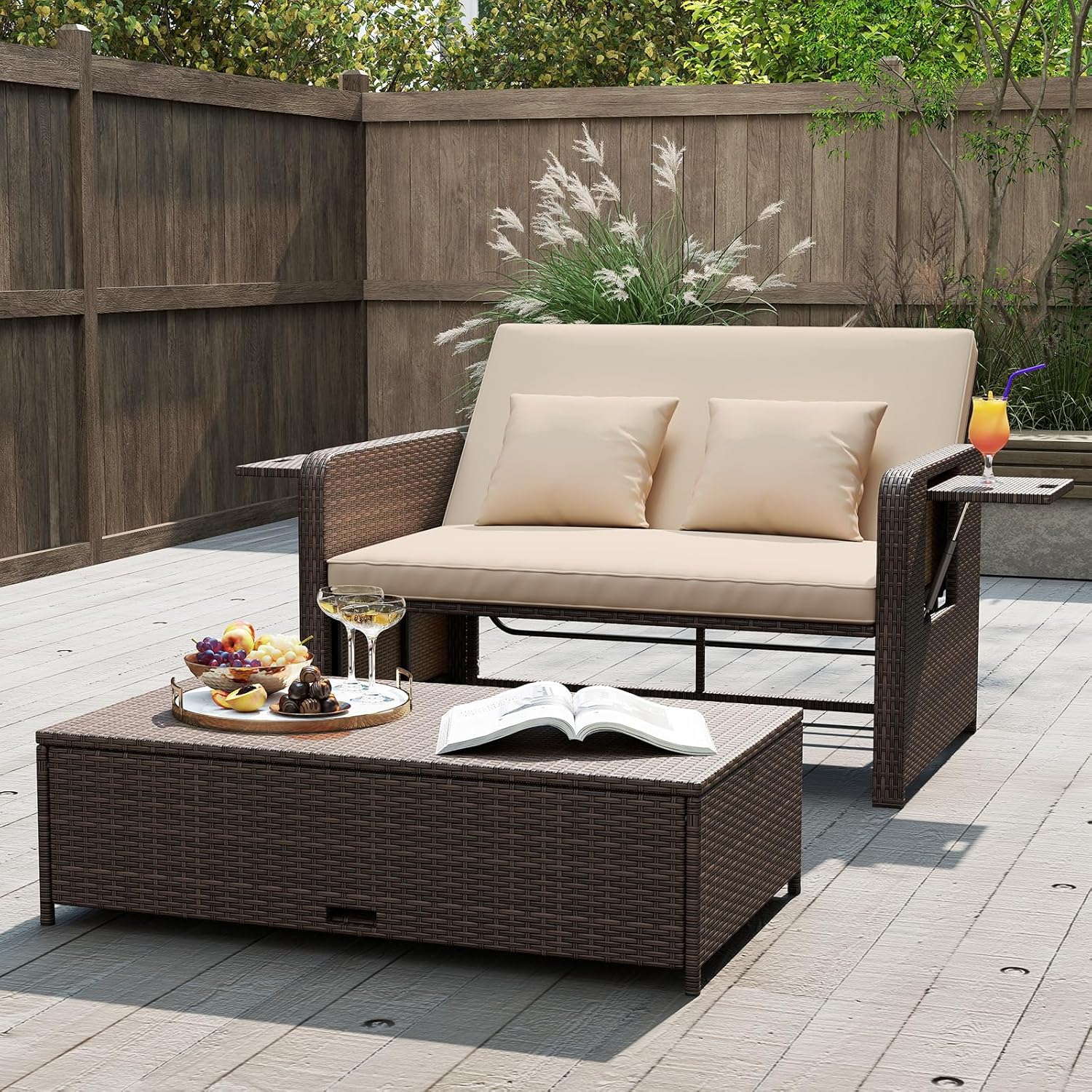 COSTWAY 3 in 1 Polyrattan Sonnenliege, Gartenliege mit Verstellbarer Rückenlehne & Seitenablagen, Loungebett, Doppelliege mit Kissen, Gartensofa mit Hocker & Stauraum für Garten