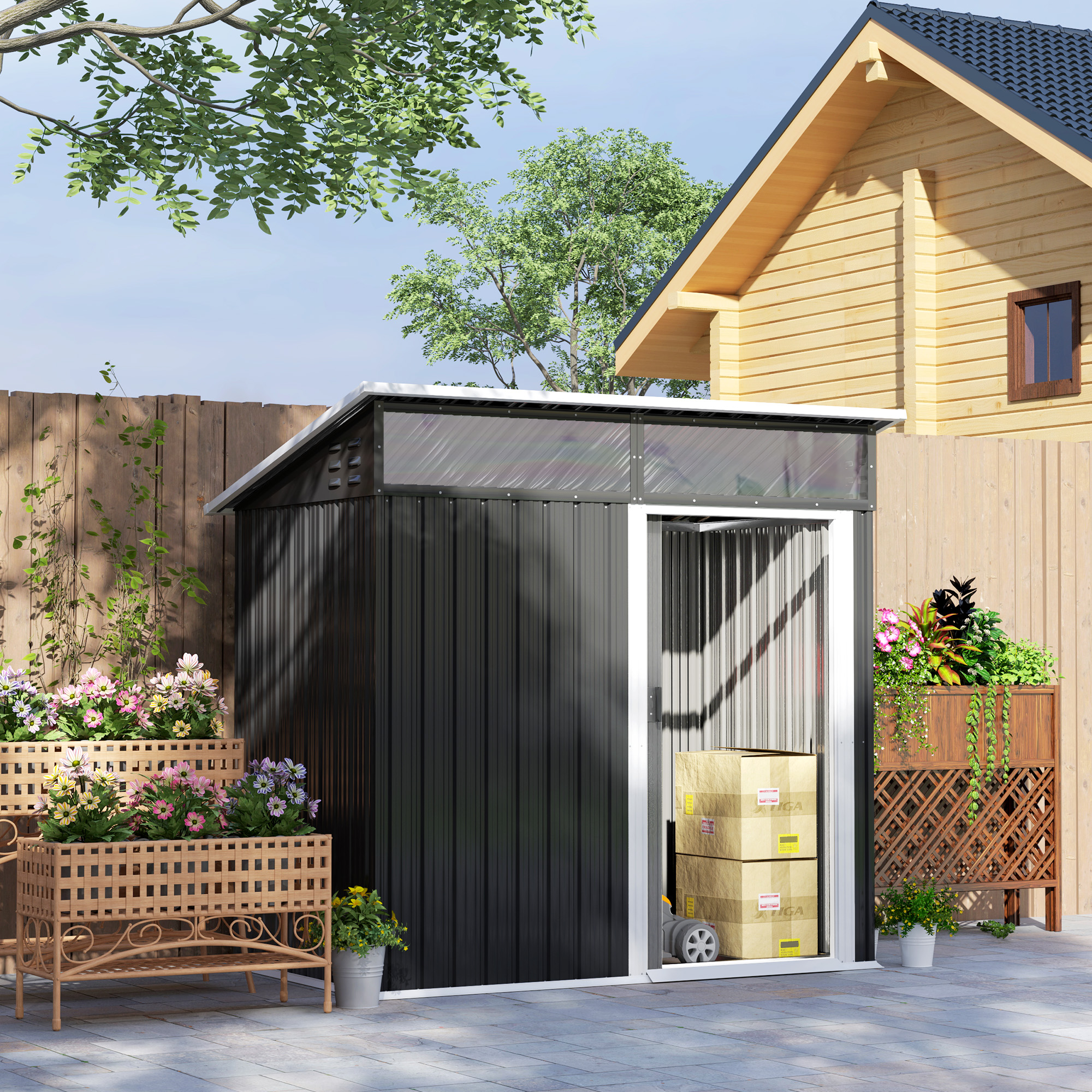 Tuinschuur, Gereedschapsschuur met Vensters, Ventilatieopeningen, Schuifdeur, Waterdicht Staal, Weerbestendig, Donkergrijs