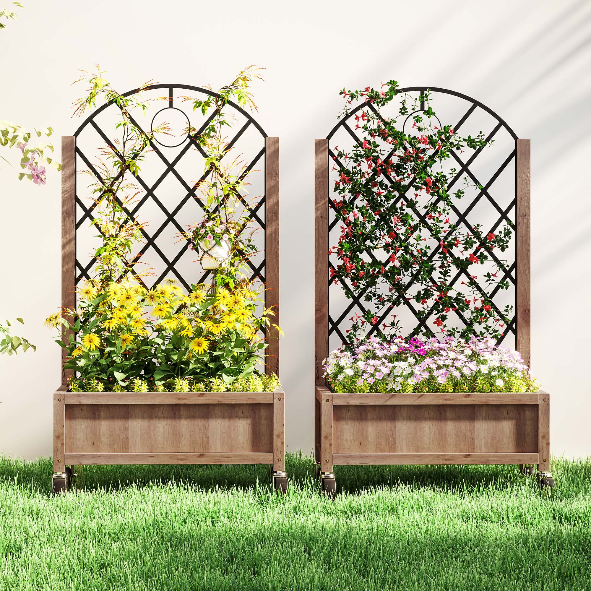 2-delige set verhoogde bloembedden met wielen, klimrek, trellispot bloembak hout 52x25x97cm Bruin