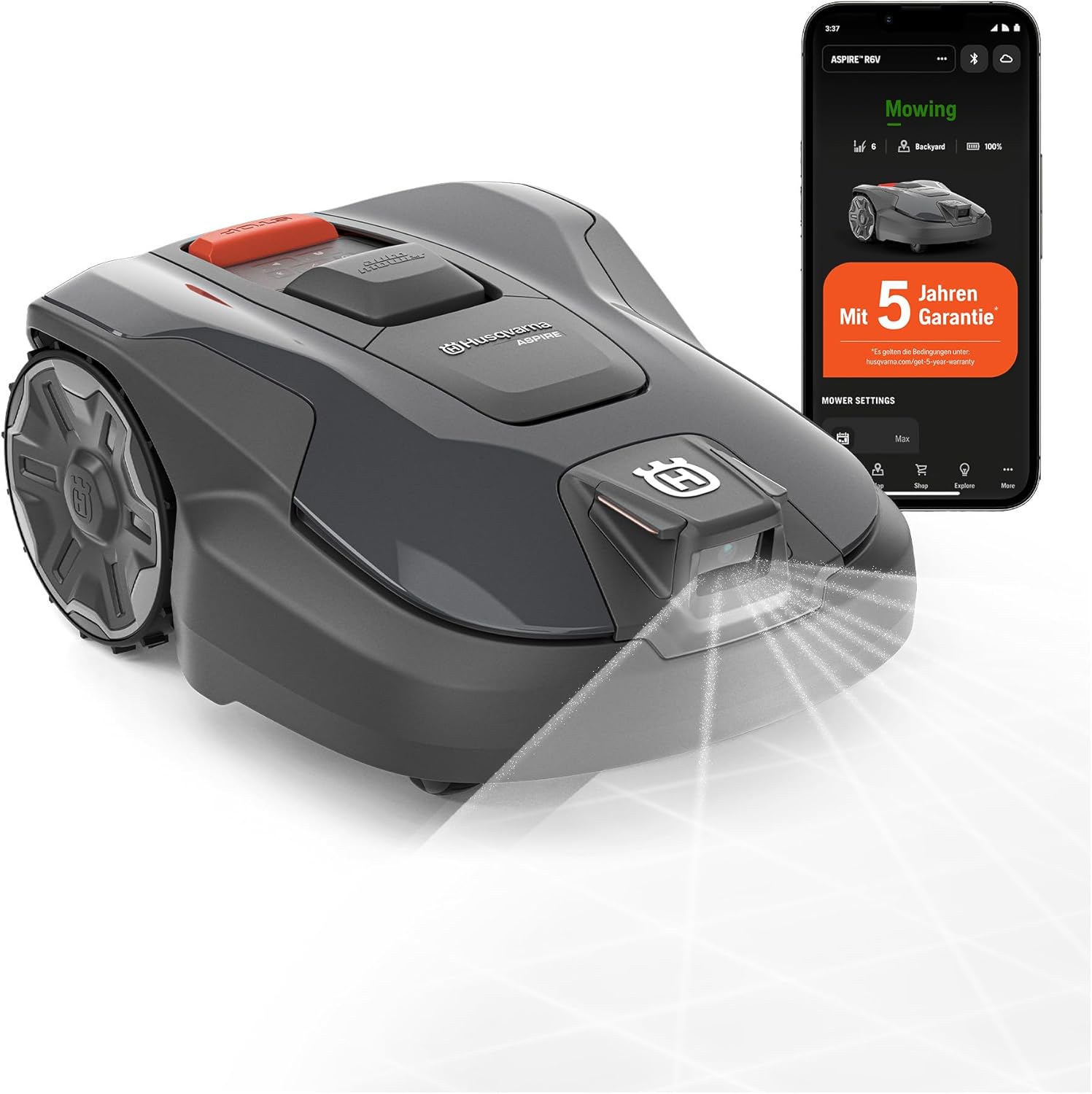 HUSQVARNA Automower Aspire R6V - Mähroboter ohne Begrenzungskabel, AI Vision Objekterkennung, GPS-Navigation, WLAN-App-Steuerung, systematische Mähmuster, virtuelle Zonen, bis 600 m2