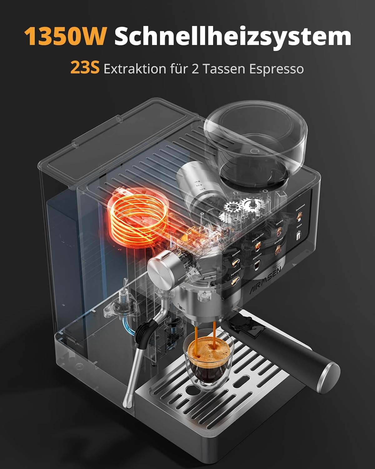 AIRMSEN 20 Bar Siebträgermaschine mit Kegelmahlwerk & Milchschäumer, 1.8L Wassertank, Edelstahl Espressomaschine Kaffeemaschine für Americano, Cappuccino und Latte