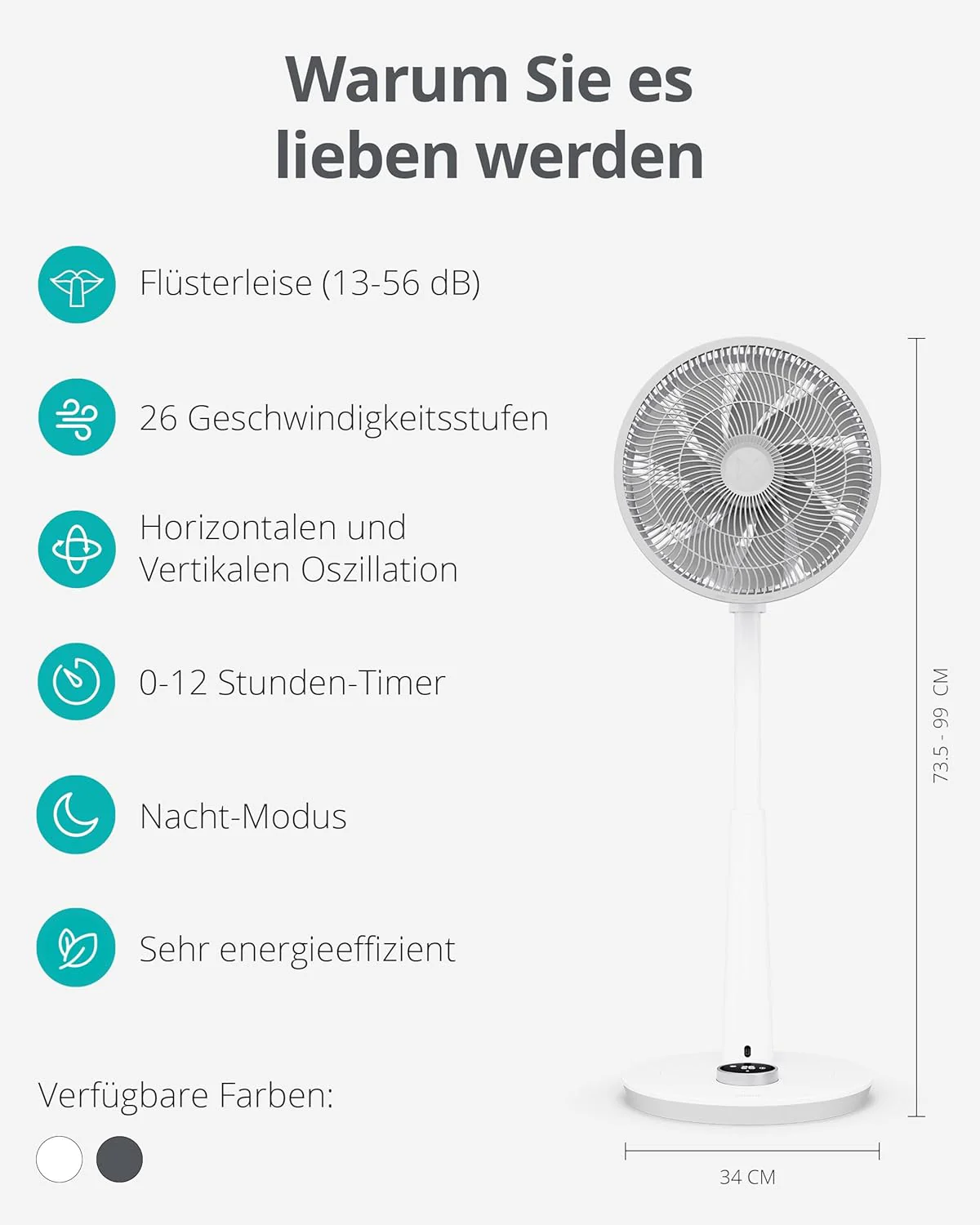 Duux Whisper 2 Statiefventilator Stil - Zuinige DC-motor met 26 snelheden - Ventilator in hoogte verstelbaar (73-95cm) - Horizontale + Verticale oscillatie - Wit