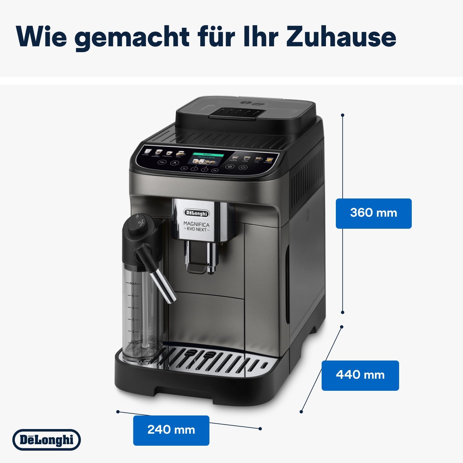 De'Longhi Magnifica Evo Next ECAM312.80.TB, Kaffeevollautomat mit 13 Getränken (Cappuccino, Espresso, Latte Macchiato), 2,4'' TFT Farbdisplay, LatteCrema Milchsystem, 2-Tassen-Funktion, Titan