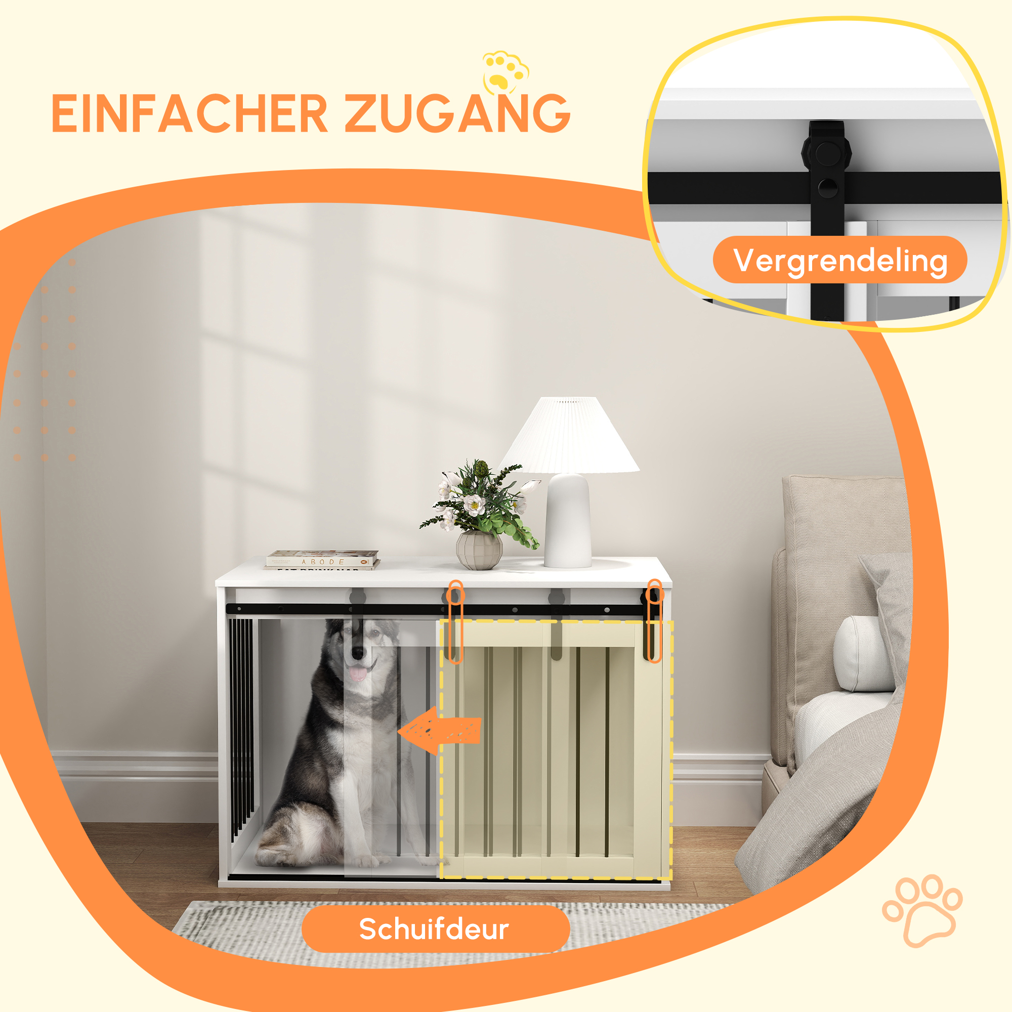 PawHut Hondenkooi met Schuifdeur, Ventilatie, Spaanplaat en Staal, 98 x 58 x 61 cm, Wit