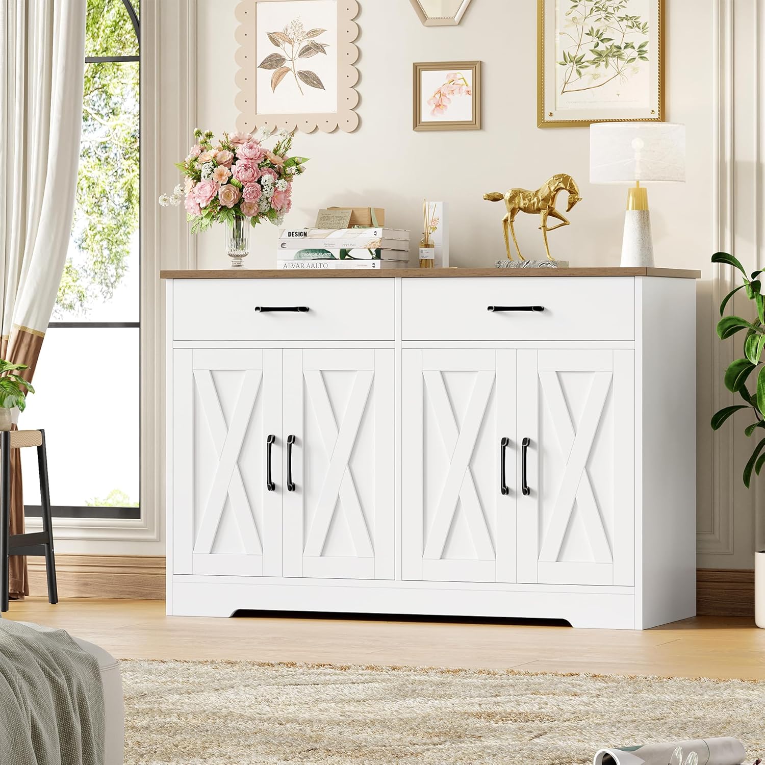 HOCSOK Sideboard, 120cm Breit Küchenschrank mit Arbeitsplatten, Küchenbuffet Aufbewahrungsschrank mit 2 Schubladen und 4 Türen Wohnzimmer, Küche, Flur, Weiß & Braun