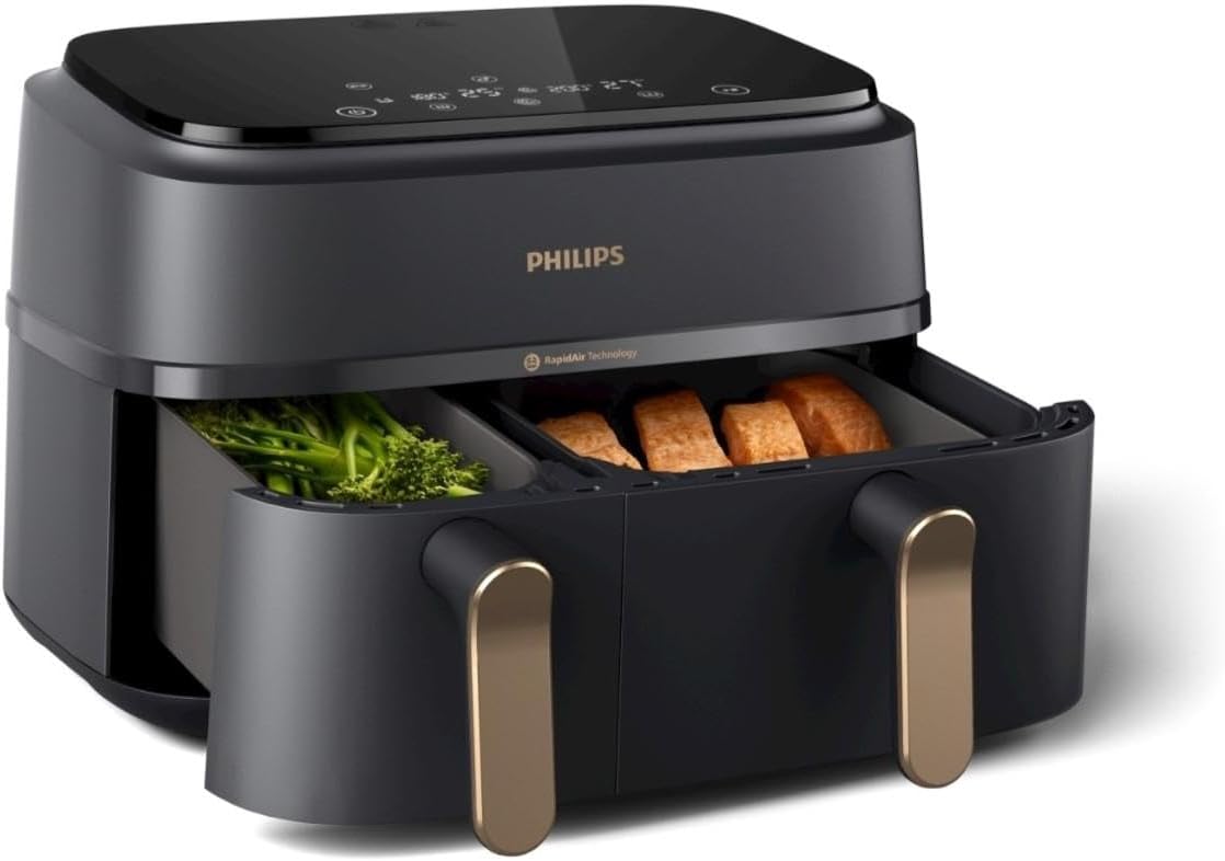 Philips Airfryer 4000 Series Stacked Dual Basket, Stacked Hot Air Fryer, 2 Chambers, 10L, RapidAir Technology, 45% Less Space, PFAS-Free Ceramic Coating, Viewing Window (NA460/00)