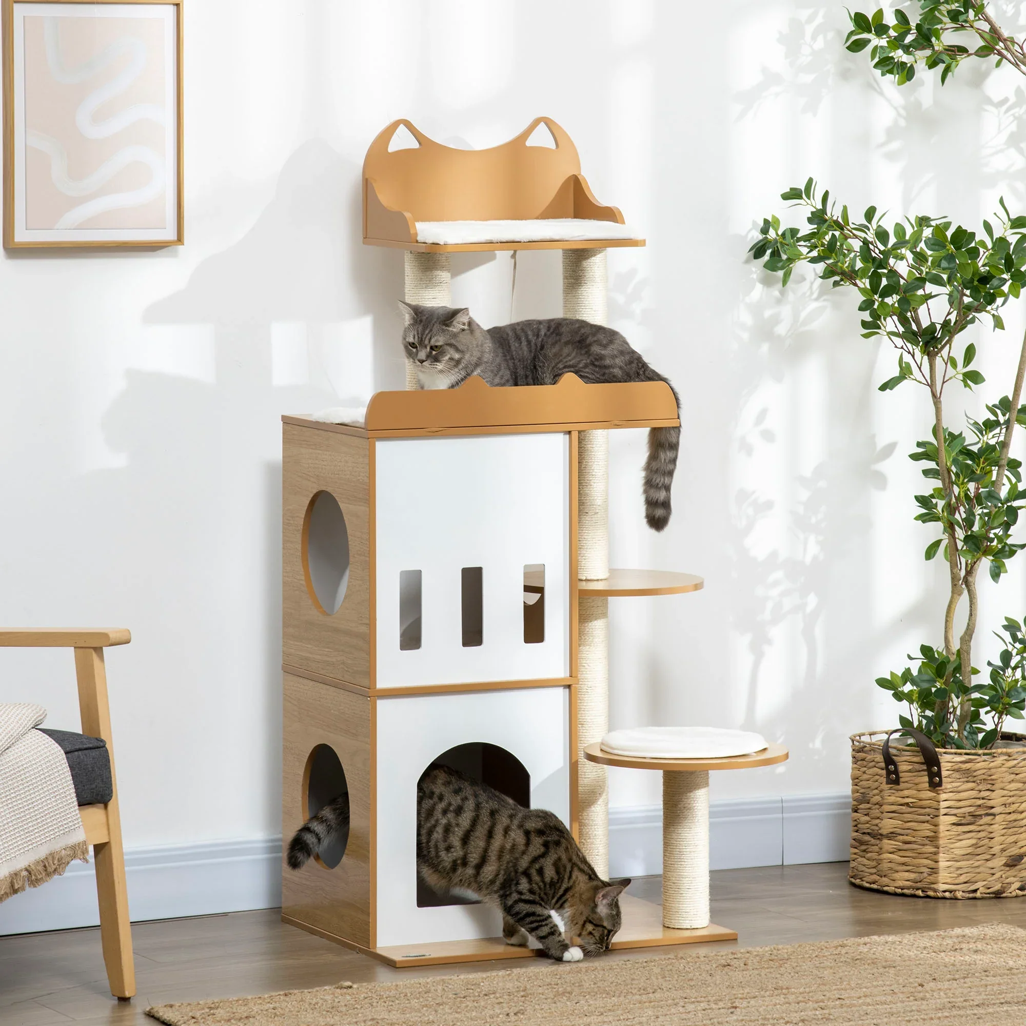 PawHut Krabpaal Kattenmeubel met Sisal Krabpalen en Speelbal Eiken Wit