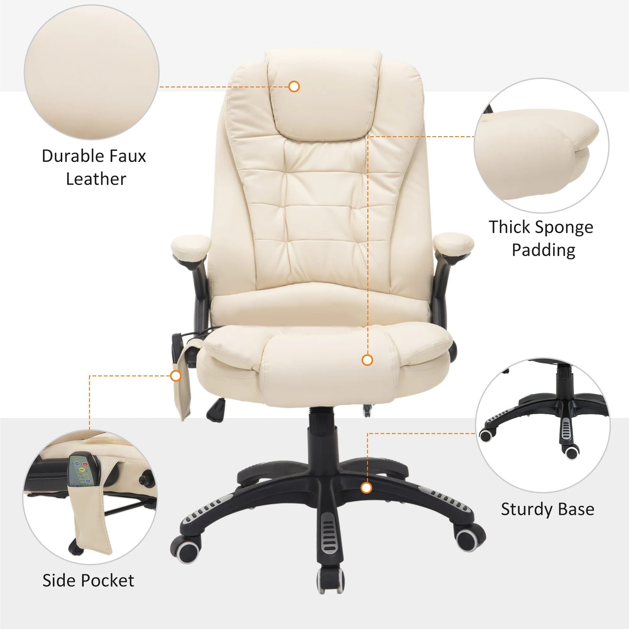 Executive bureaustoel met massage en verwarming, hoge rug PU-lederen bureaustoel, beige