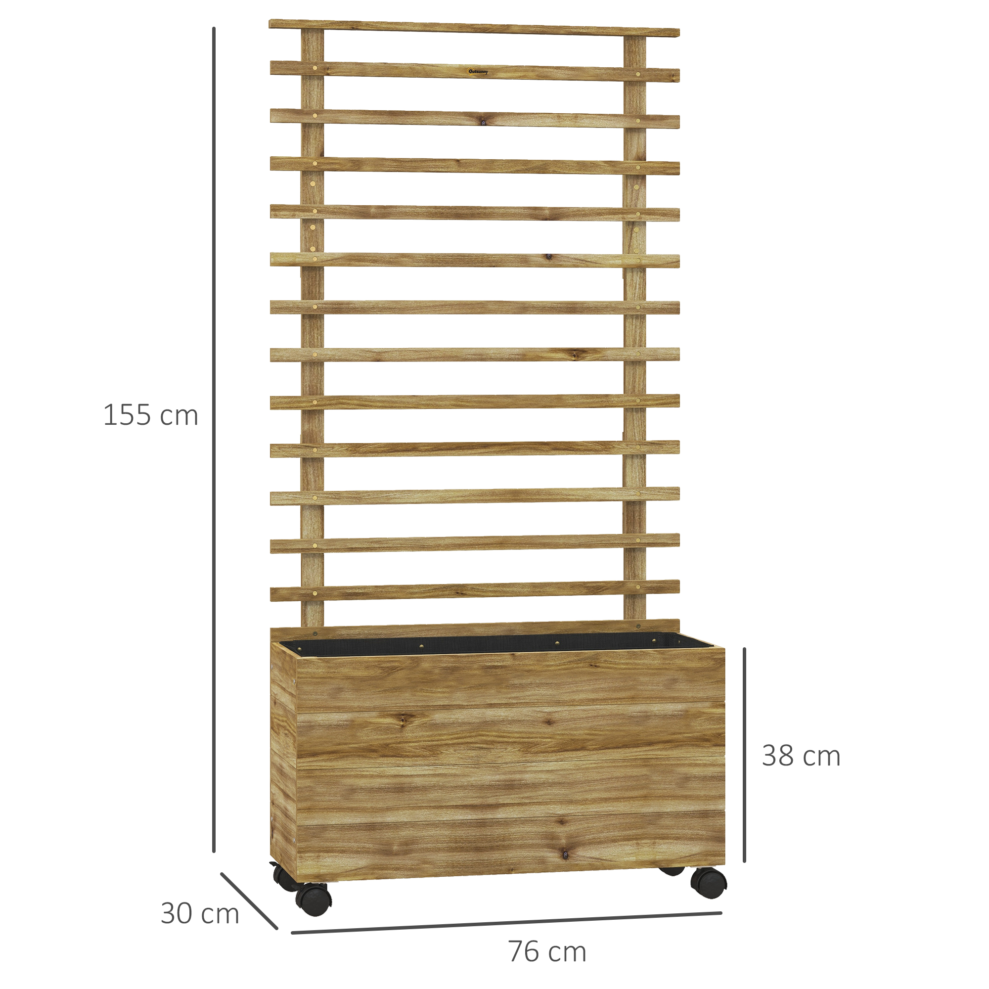 Outsunny Plantenbak met Traliewerk, 4 Wielen, Natuurlijk Hout, Weerbestendige Lak, 76 x 30 x 155 cm