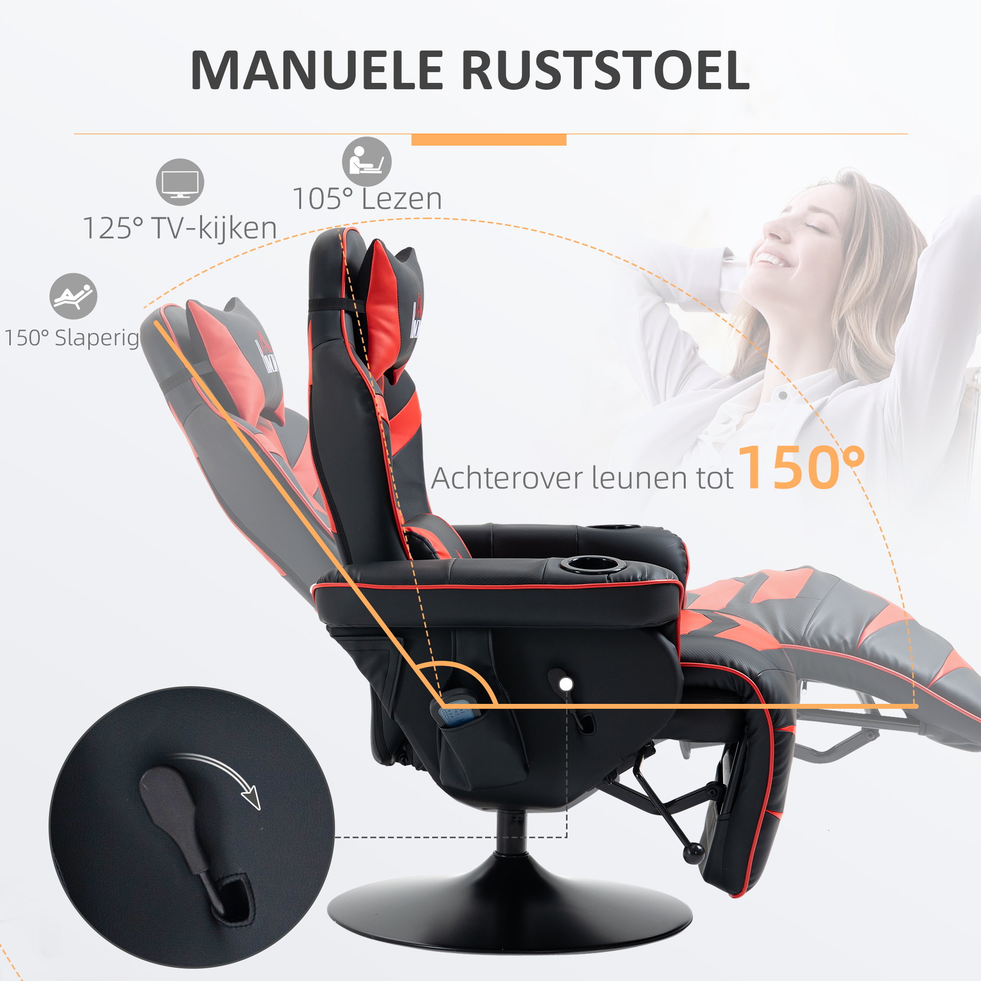 Gaming-stoel met massagefunctie, inclusief voetensteun, ligfunctie, rood + zwart.