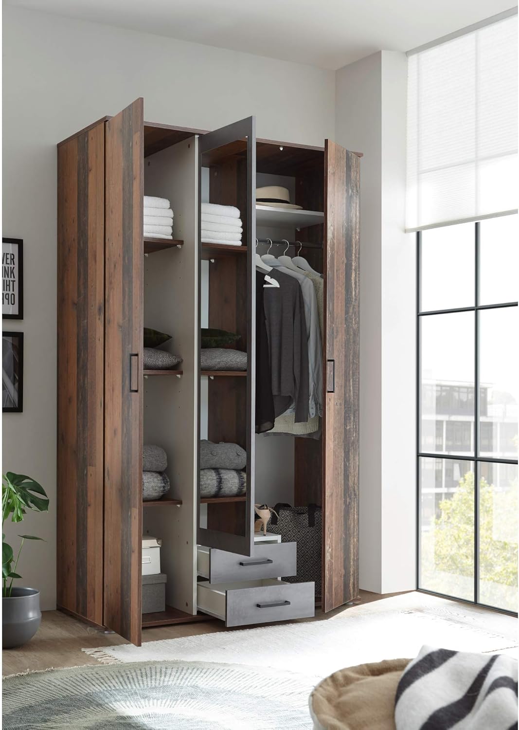 CHICAGO Eleganter Kleiderschrank mit viel Stauraum - Vielseitiger Drehtürenschrank in Old Style & Betonoxid Optik - 120 x 197 x 54 cm (B/H/T)
