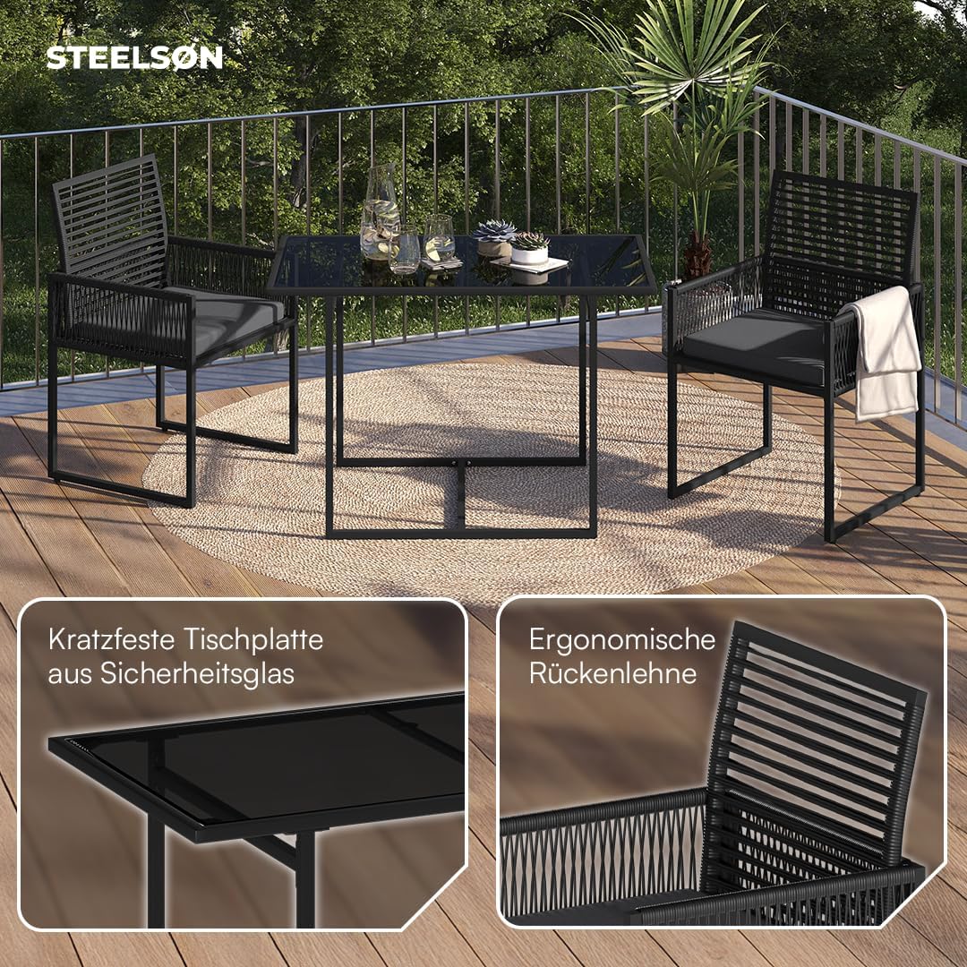 STEELSØN 3-TLG Garten-Essgruppe Kynaris, Esstisch mit 2 Stühlen, gartenmöbel Sitzgruppe Polyrattan mit Kissen, Gartenlounge, Balkomöbel Set, schwarz