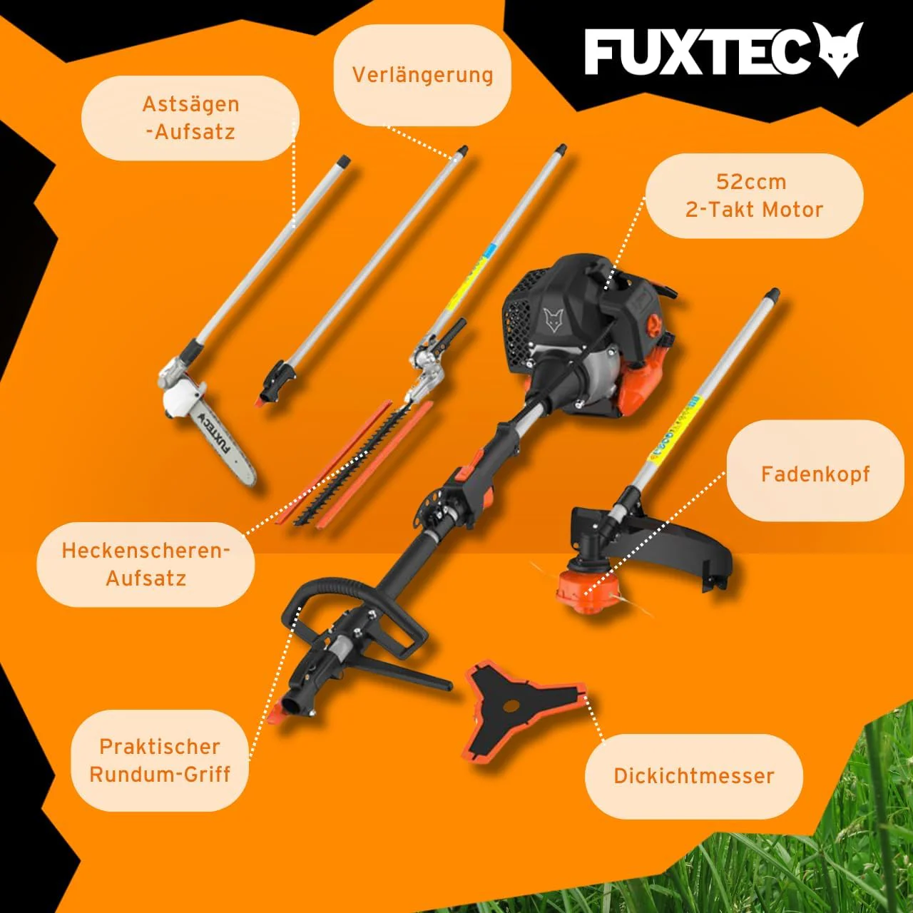 FUXTEC Benzine Bosmaaier FX-MT252ER 5in1 Multitool, 52 cc, draagriem incl. 1m verlenging 3 pk combiapparaat heggenschaar met verstelbare hoge takkenzaag combisysteem bosmaaier 2-takt