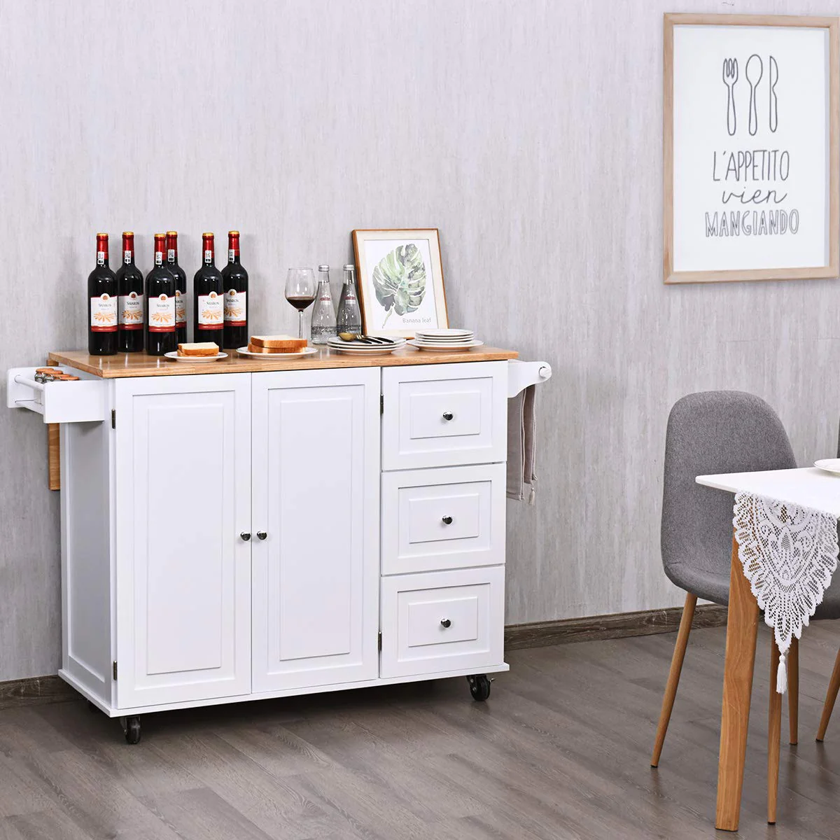 Giantex Kitchen Island Cart, Large Trolley Cart w/ Drop-Leaf Tabletop, Large Cabinet, 3 Drawers, Spice Rack, Towel Rack, Rolling Serving Trolley Cabinet