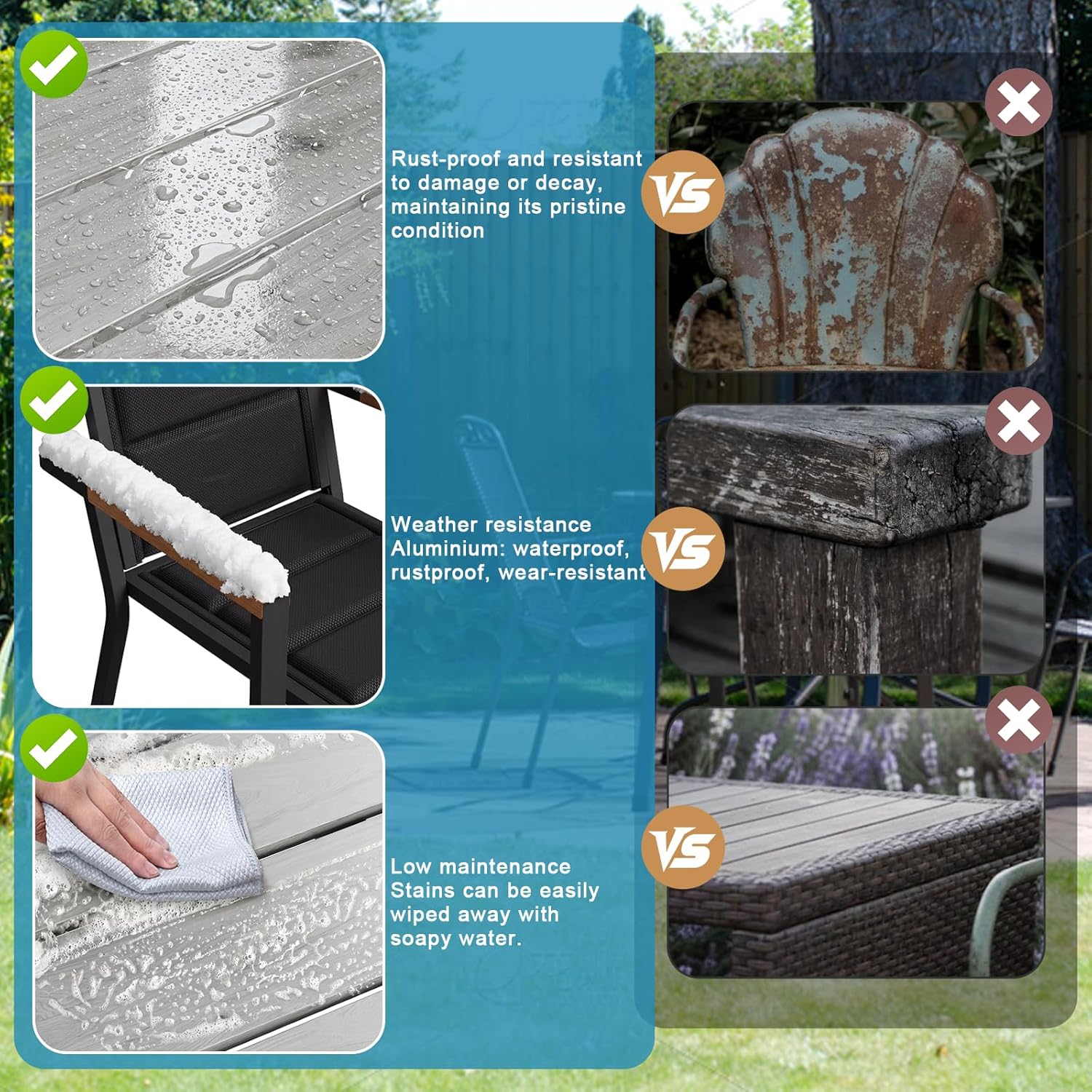 JUMMICO Gartenmöbel Set Terrassen Set Aluminium Gestell mit Holzoptik PS Tischplatte Komfortabler Hochlehner Einfach Montiert,6 Personen Set