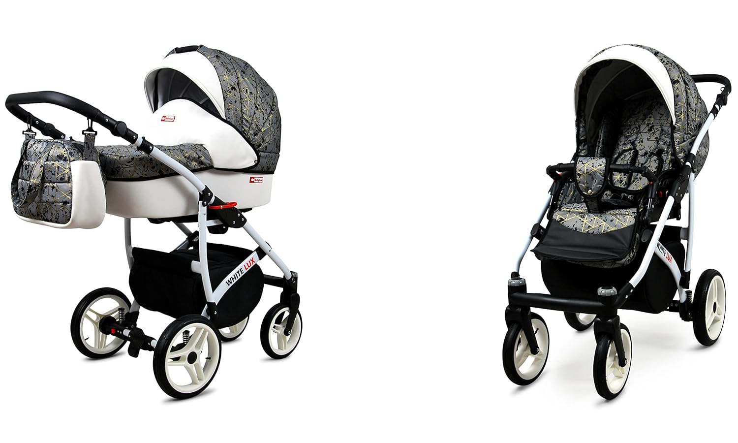 BabyLux® Bambimo Kinderwagen Set 3 in 1 - White Lux - incl. Babywanne, Buggy Sportsitz, Auto-Babyschale - Autositz - Kinderwagenset - Kombikinderwagen mit Wickeltasche, Regenschutz usw.