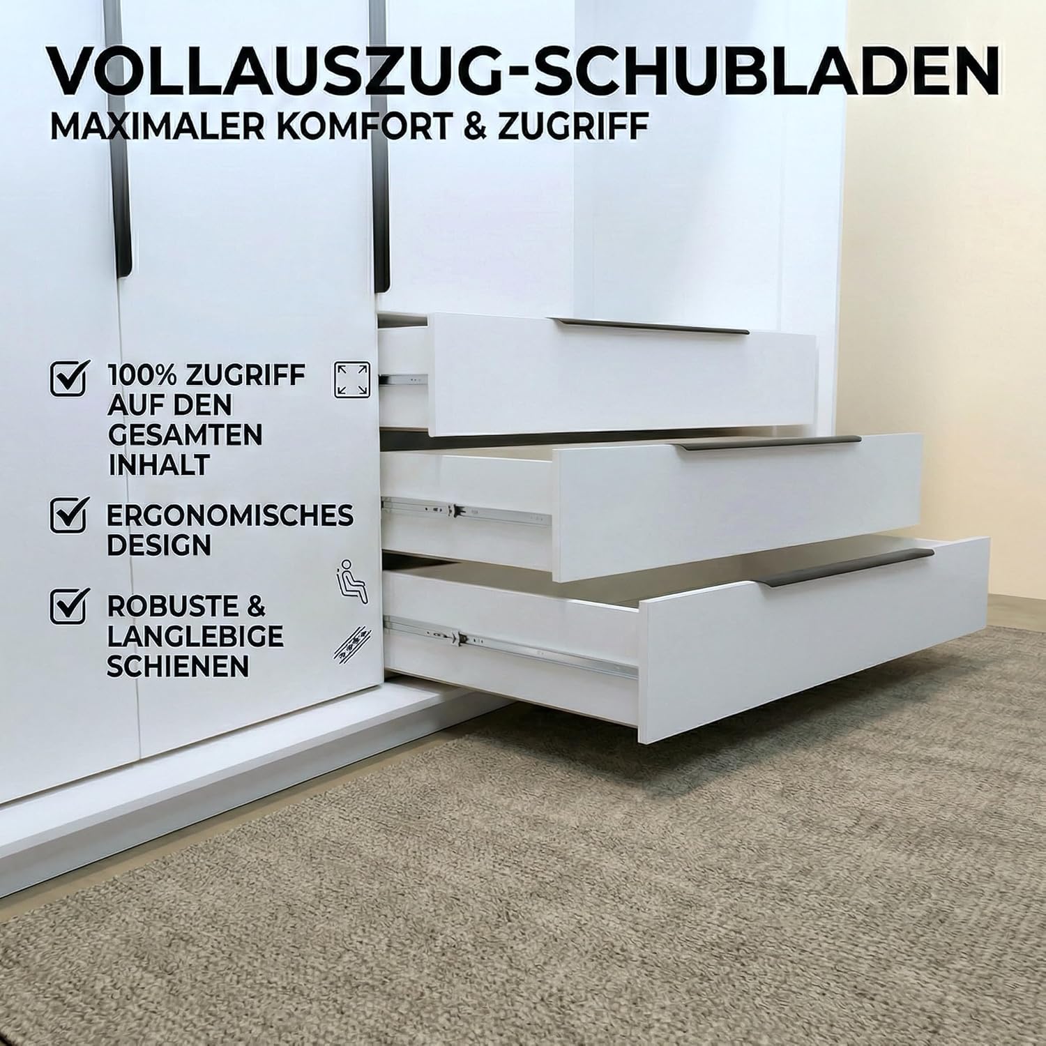 A und J MöbelLand VIVO Kleiderschrank 4-türig mit Spiegel und Schubladen - 200 x 215 cm - Drehtürenschrank mit Kleiderstange und Einlegeböden