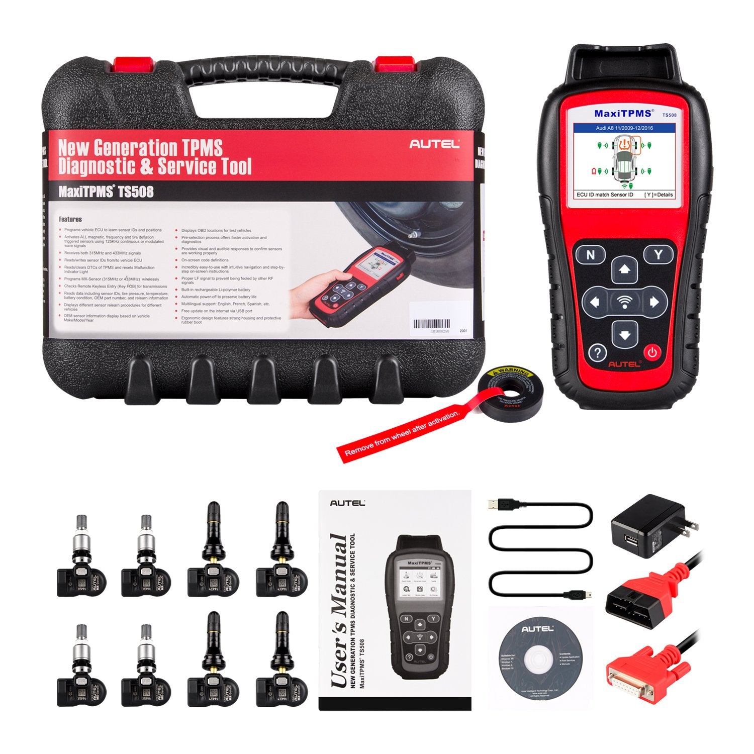 Autel MaxiTPMS TS508K TPMS Diagnostic Service Tool, Interchangeable valves with With 4 Pcs 315MHz MX Sensor & 4 Pcs 433MHz MX Sensor