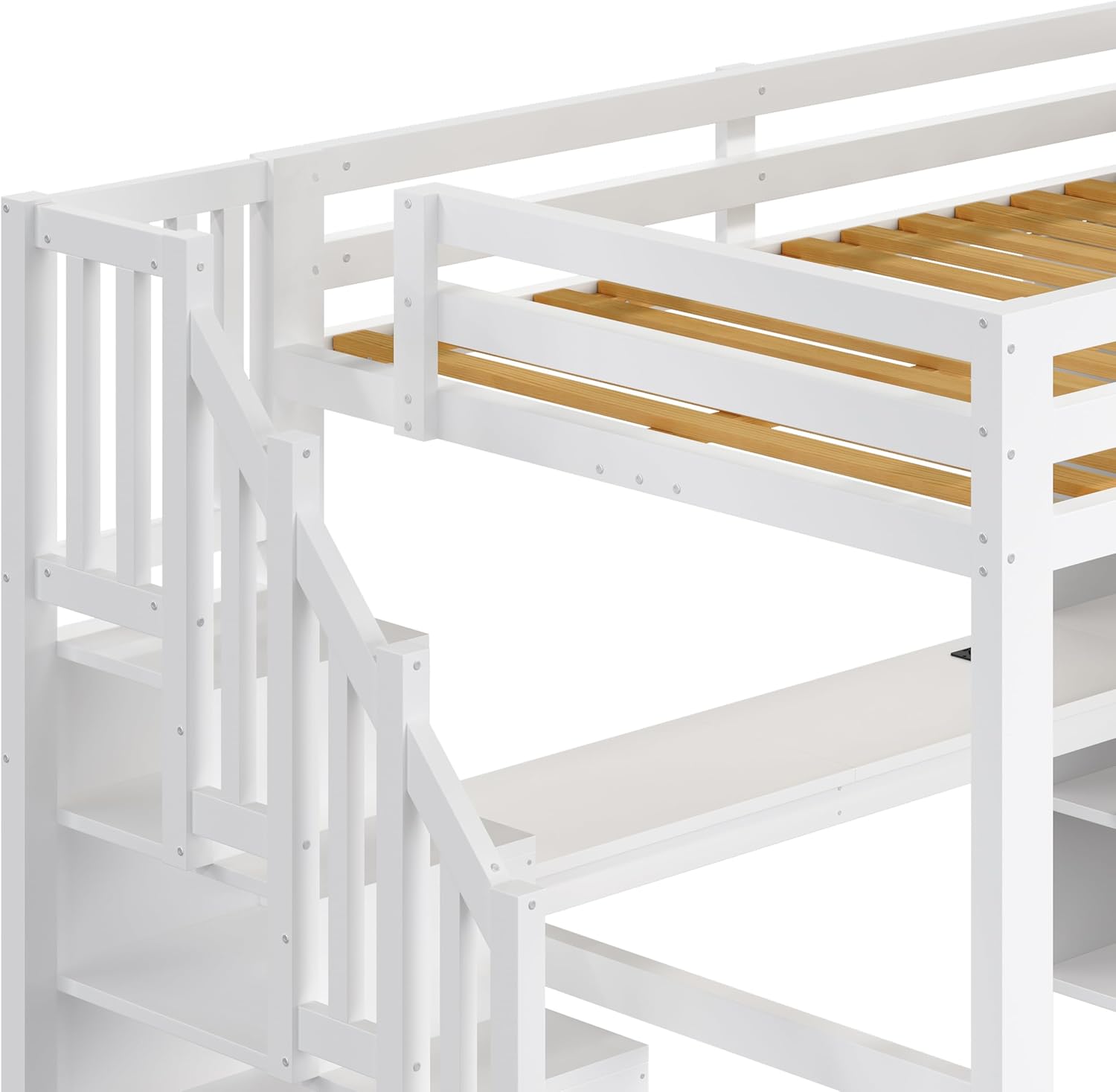 140x200 Hochbett mit Schreibtisch und Regal, Kleiderschrank, Stauraumtreppe, USB und LED-Leuchten, Weiß