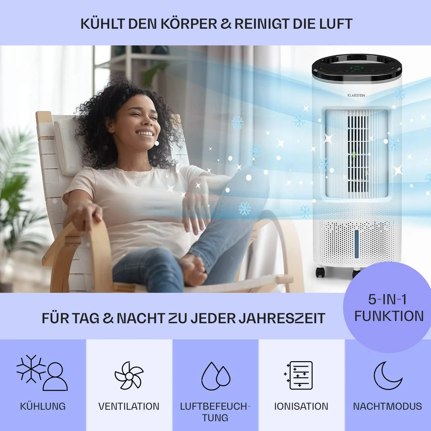 Klarstein Luftk��hler mit Wasserk��hlung, Leiser 4-in-1 Verdunstungsk��hler, Luftbefeuchter, Ventilator & Nachtmodus, Mobile Klimager?te Luftk��hler 7L, 65W Air Cooler, 330m3/h K��hlender Luftstrom