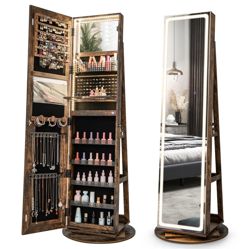360�� Swivel Jewelry Cabinet Armoire w/ Full Length Mirror 3-Color LED Lights & Rear Shelves, Lockable Standing Jewelry Storage Organizer
