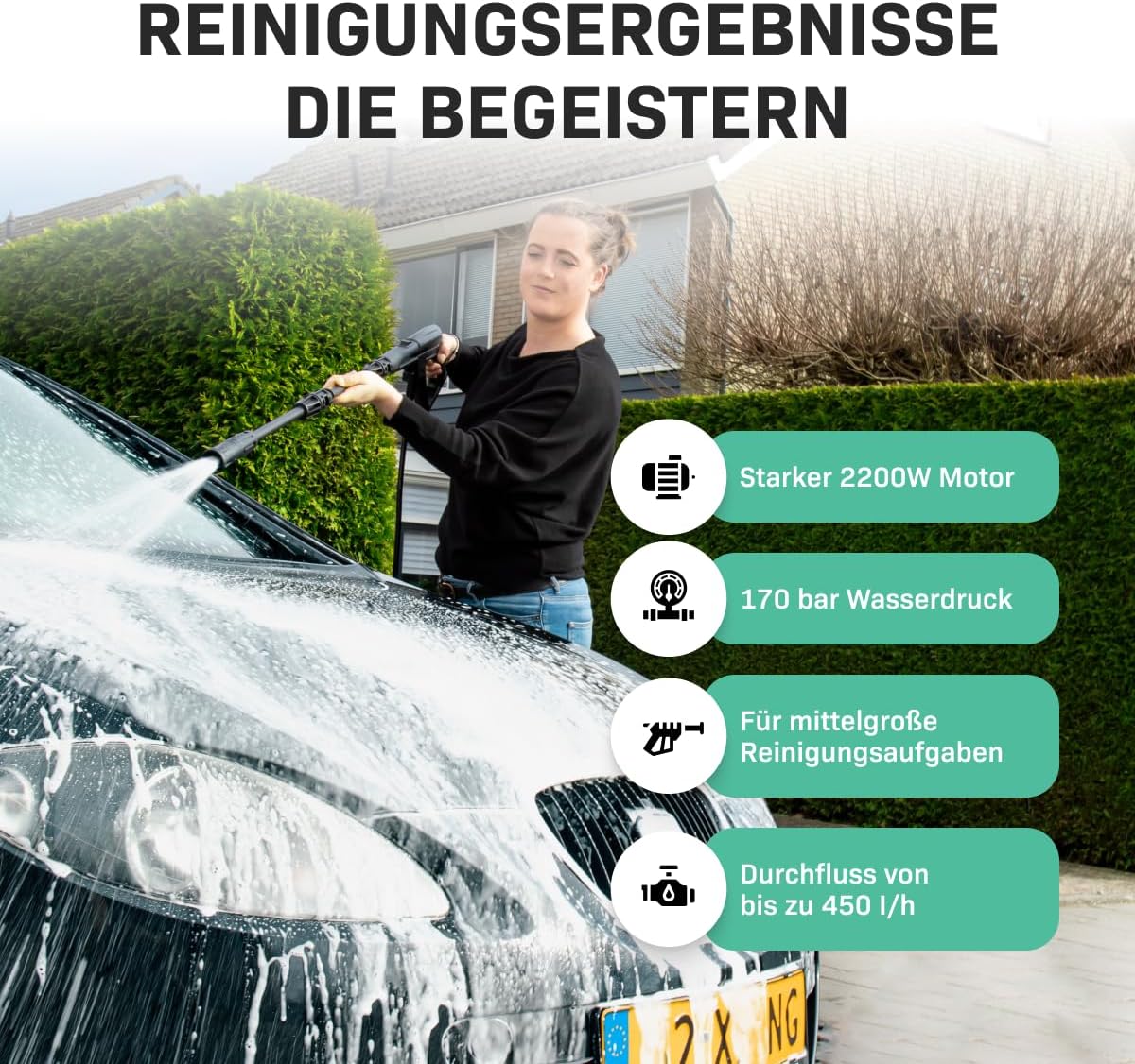 VONROC Professionele hogedrukreiniger 195bar - Gevelreiniger voor zware reinigingswerkzaamheden [2500W] - Hoge wateropbrengst [468 l/u] Reinigingstank, Aluminium Pomp - incl. Terrasreiniger