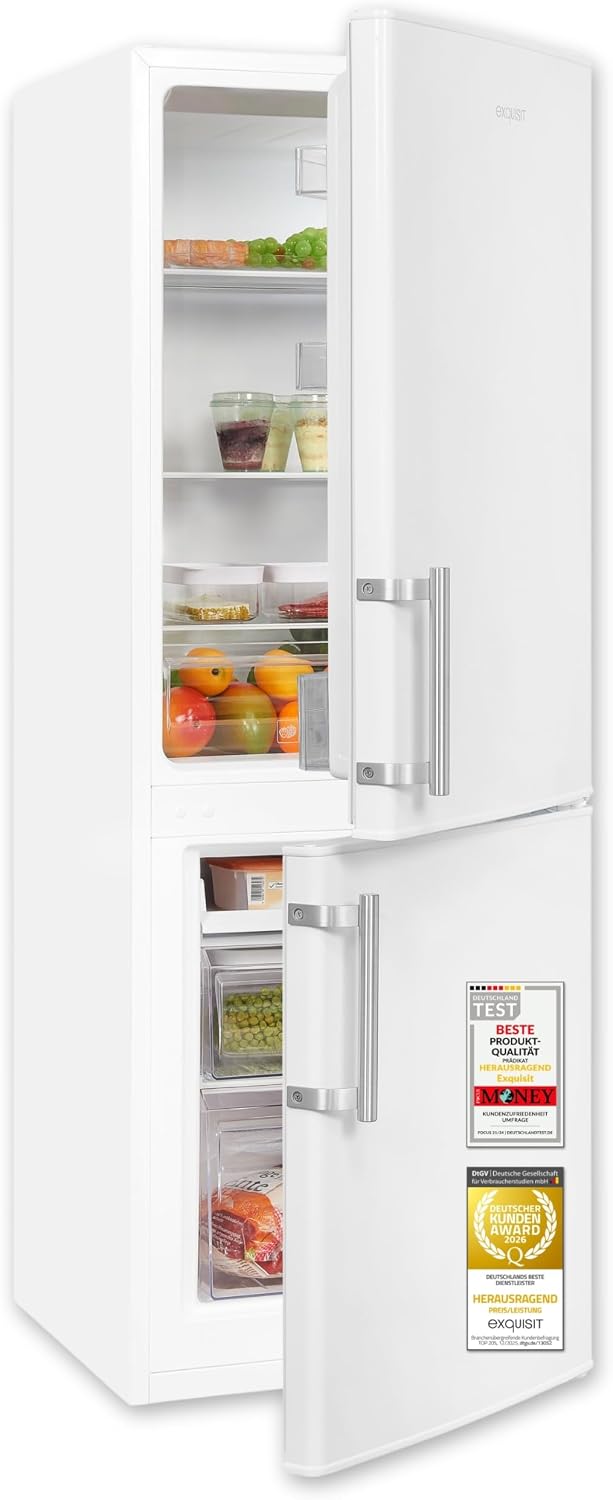 Exquisit Kühl-Gefrierkombination freistehend - Kühlschrank mit Gefrierfach, 173 l, 50 cm breit, 4-Sterne-Gefrierfach, LED, Türalarm, Weiß, KGC5233-60-HE-040D