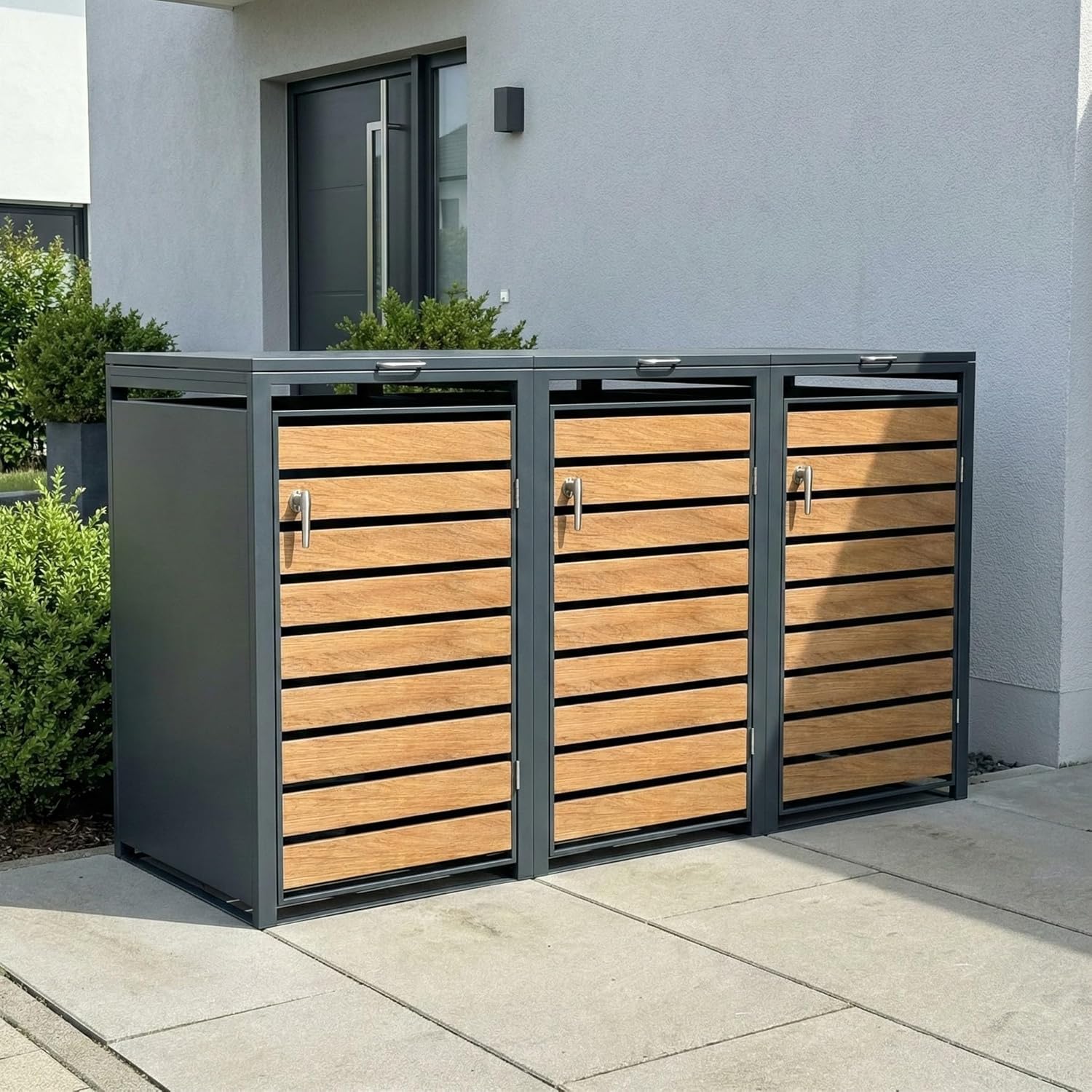 Metzler Mülltonnenbox in Anthrazit & Holzoptik 3er 240L, Mülltonnenverkleidung 3 Tonnen, witterungsbeständiger und pulverbeschichteter Stahl mit Automatikdeckel, abschließbar, Garten- und Müllbox