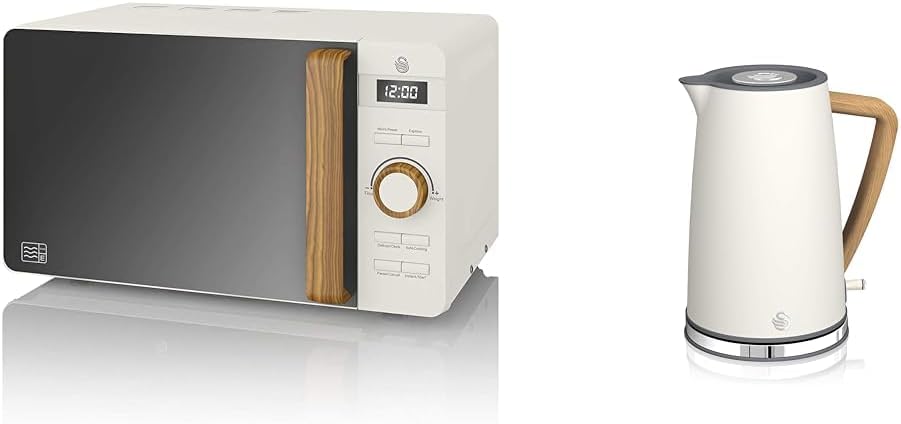 Swan Nordic 20 L digitaler Mikrowellenherd, 6 Leistungsstufen, 800 W Leistung, 30-Minuten-Timer, einfache Reinigung, Abtaumodus, modernes Design, Griff in Holzoptik, mattwei