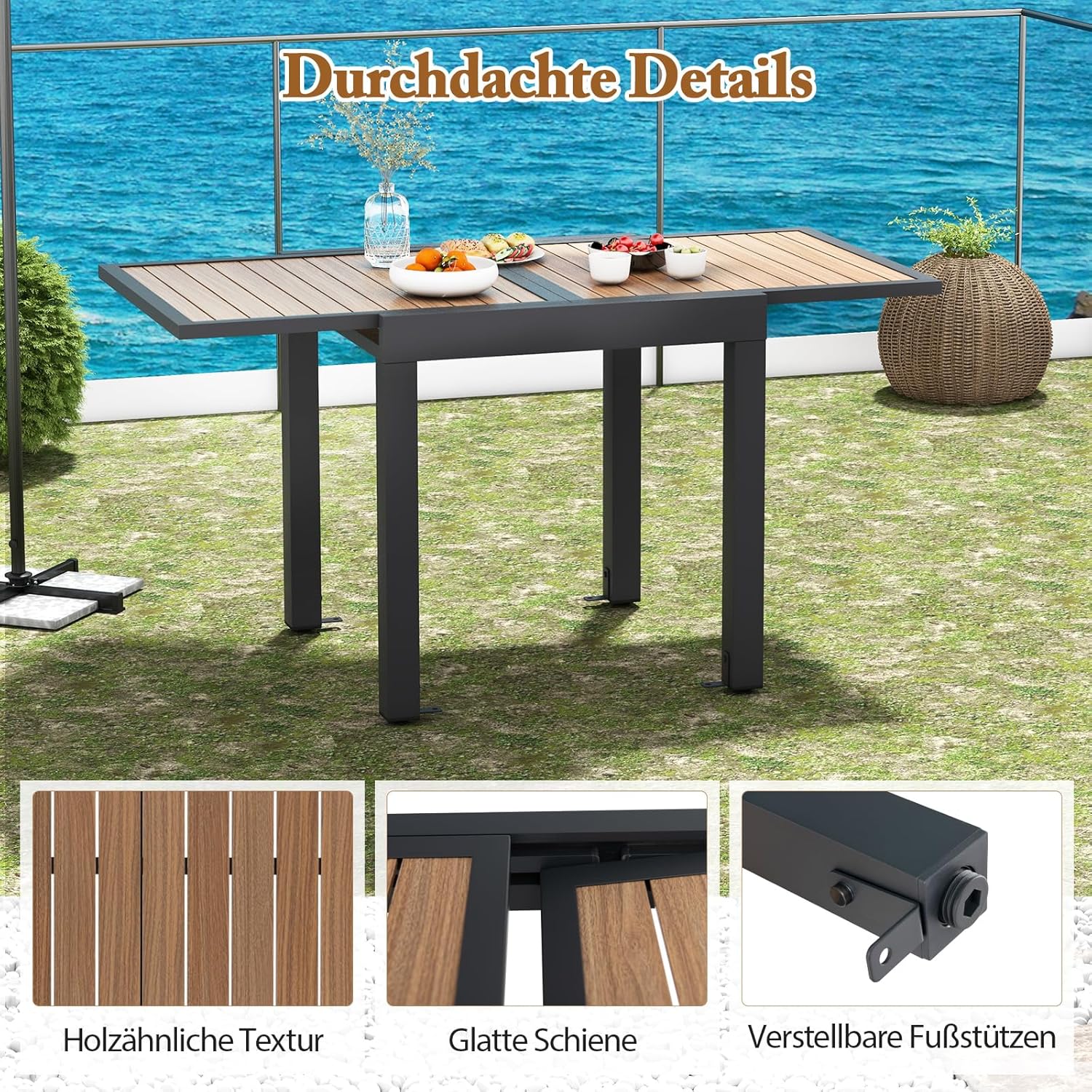 COSTWAY Gartentisch Aluminium ausziehbar, 80/160x80cm, wetterfester Esstisch mit Tischplatte in Holzoptik, rechteckiger Terrassentisch für 4-6 Personen, Ausziehtisch für Garten, Terrasse
