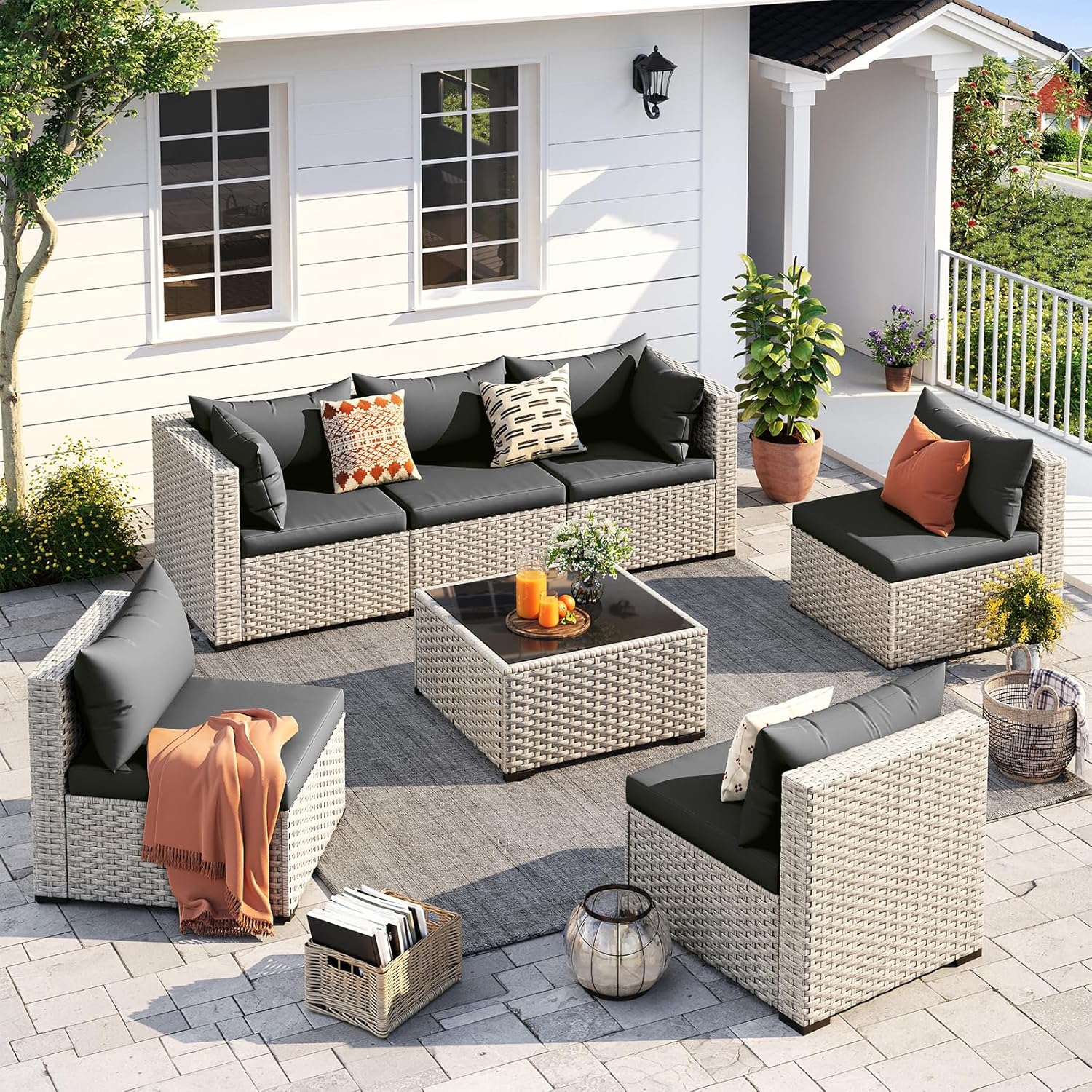 UDPATIO Outdoor Patio Furniture Set, 7-Piece PE Wicker Sectional Sofa with Tea Table, Outdoor Conversation Set