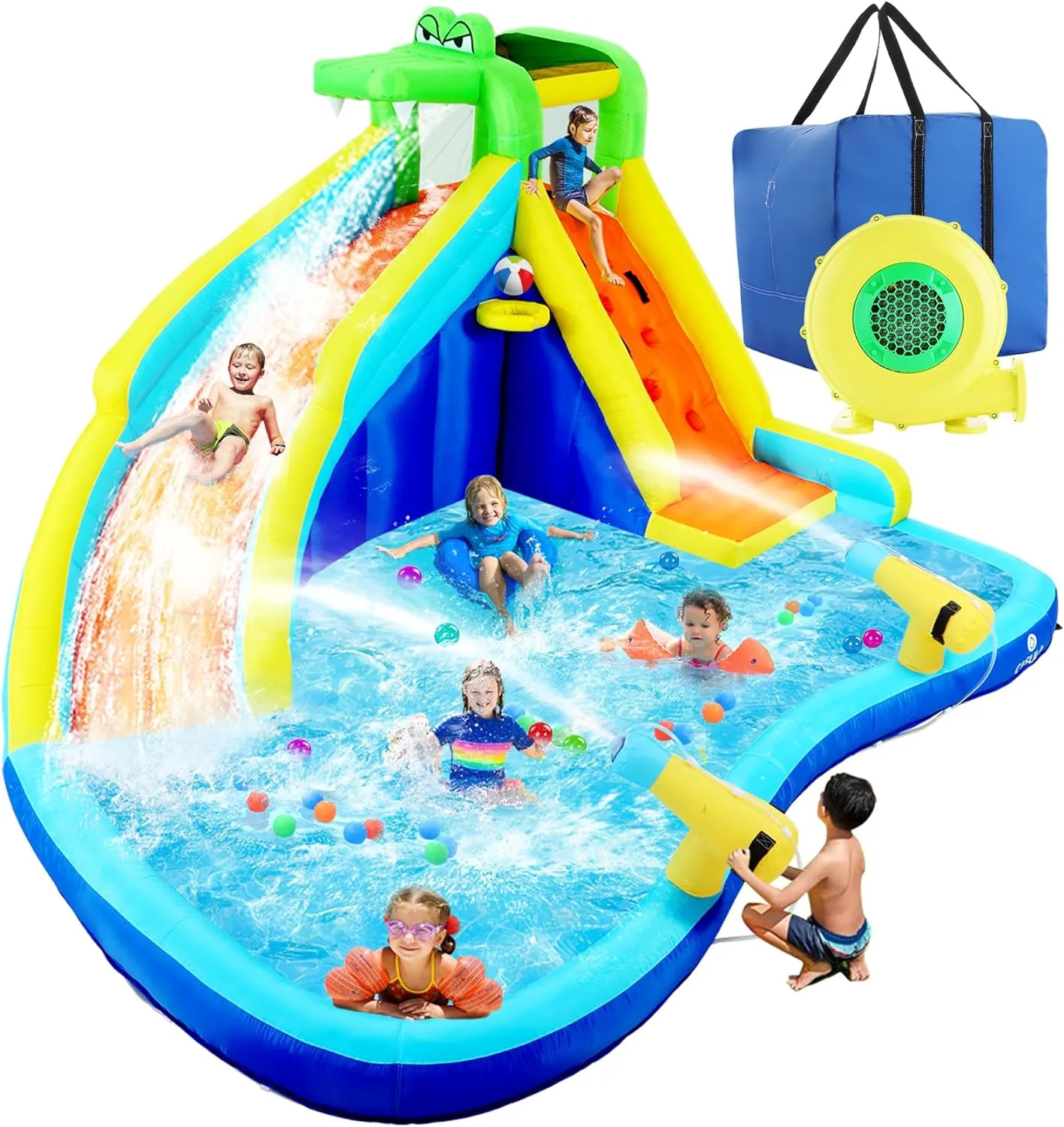 Aufblasbare Wasserrutschen f��r Kinder, 8-in-1-H��pfburg-Wasserpark mit 450-W-Gebl?se, Kletterwand, Planschbecken, 2 Wasserkanonen, Basketballkorb, Wasserrutsche, Krokodilsprinkler als Geschenk f��r eine Gartenparty