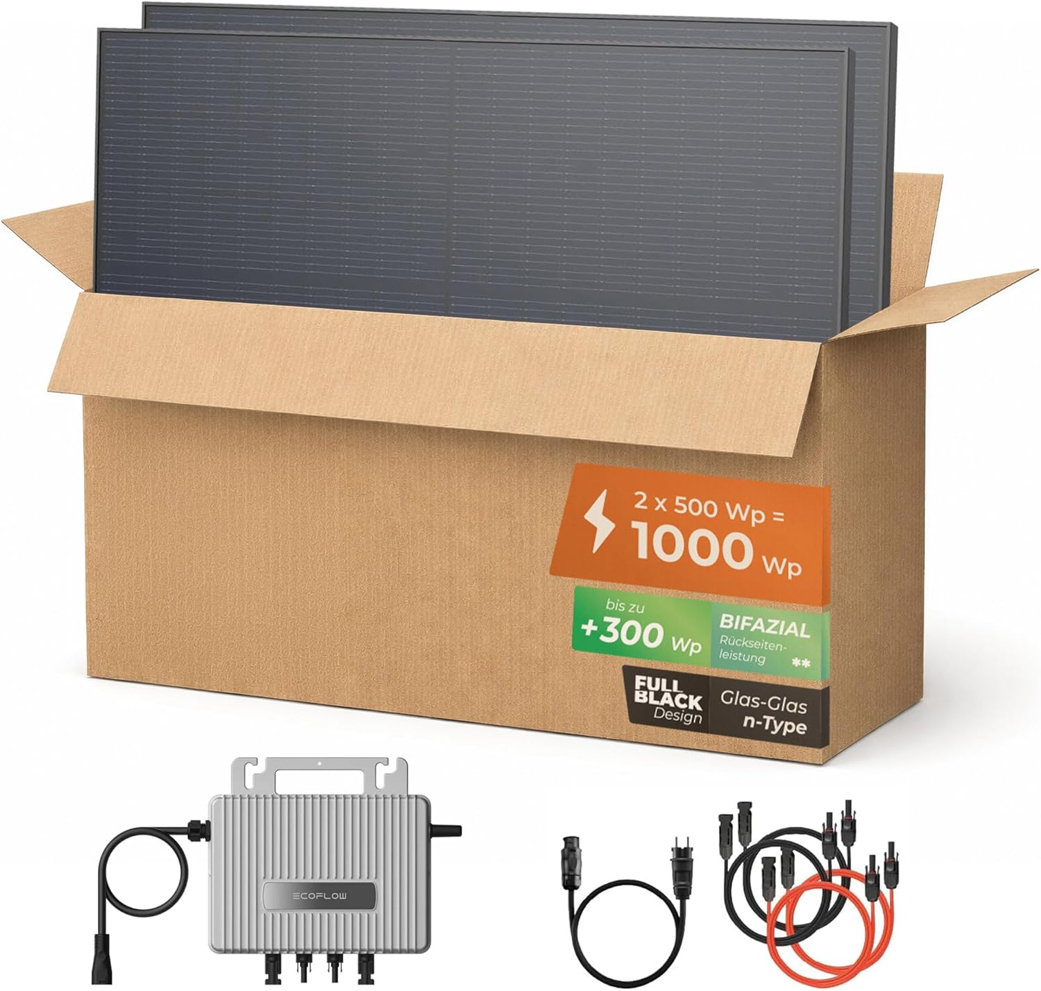Solarway® 1000Wp / 800W Balkonkraftwerk komplett Steckdose - neuester EcoFlow Stream 800 Watt Wechselrichter - Solaranlage Komplettset - 500W bifaziale Black Solarmodule & EcoFlow & Zubehör