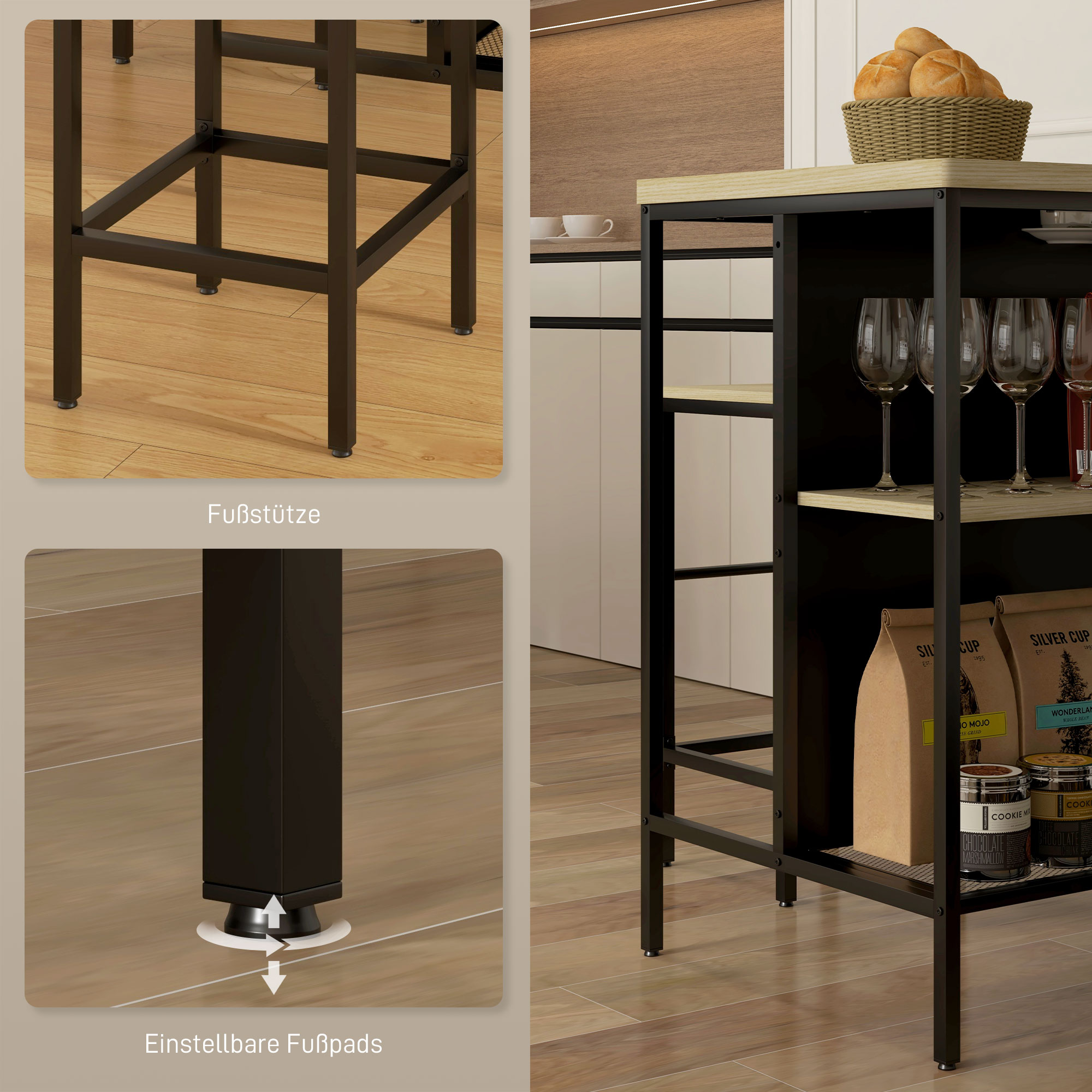 Barset, 2 Barkrukken & 1 Bartafel, vlekbestendig, stabiel, Staalframe, Zwart/Eik