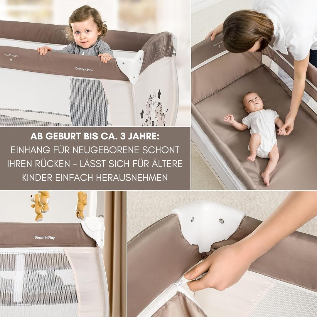 hauck Kinderreisebett Babycenter Zoo - inkl. Neugeboreneneinhang, Wickelauflage, Spielbogen mit Spieluhr, Utensilienablage, Rollen, Matratze, Tragetasche (höhenverstellbar & faltbar) - 120x60 cm