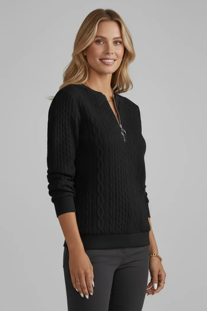 Damen Strickpullover mit Zopfmuster und Rei?verschluss am Kragen | Klassischer Troyer Pullover mit geradem Saum