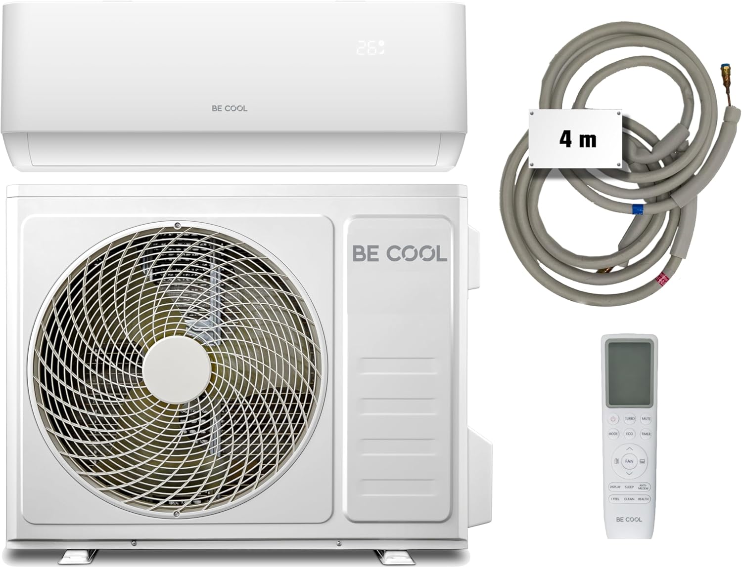 BE COOL Premium Split-Klimagerät 18.000 BTU mit Quick Connect – Kühlen: 5100 Watt/Heizen: 5100 Watt, EEK A++ / A+, max. 160 m³, 4m Quick Connector, WiFi, Fernbedienung, Premium-Funktionen – weiß