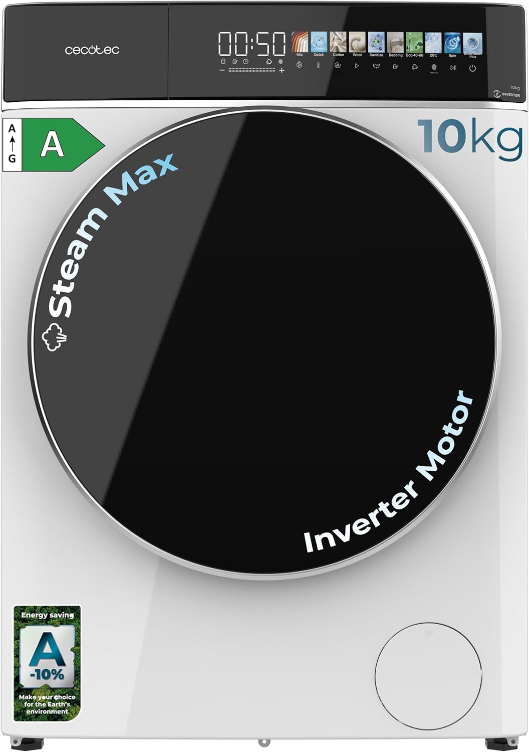 Cecotec Pralka 10 kg ładowana od przodu Bolero DressCode 10900 Inverter FullColor A Max. 2000 W, 1400 obr./min, 11 programów, silnik inwerterowy Plus, klasa A, SteamMax, ekran FullColor 10,3