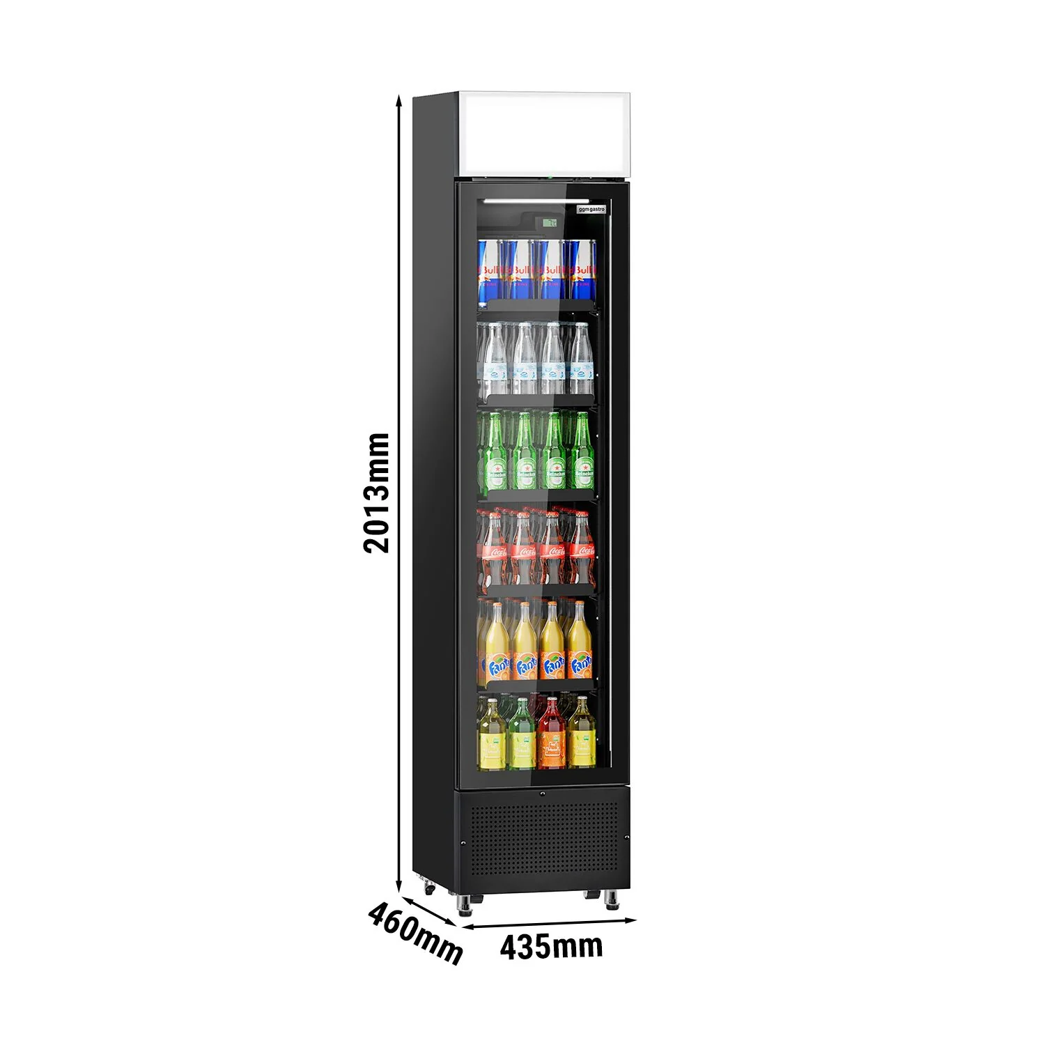 Displaykjøler - 435 mm - 145 l - med 1 glassdør & lyskasse & LED-belysning - svart