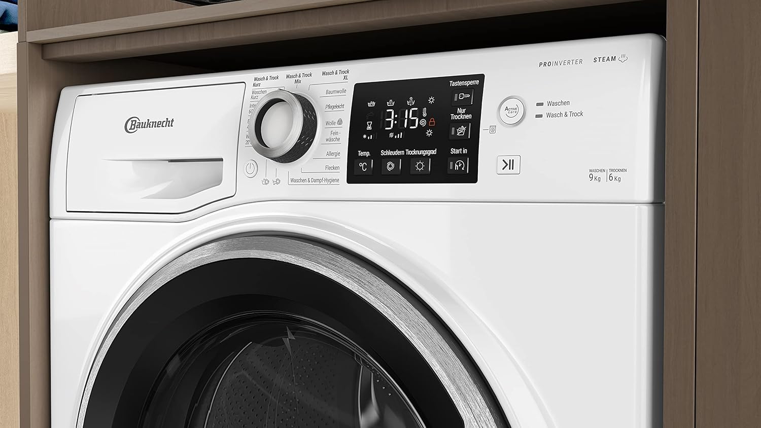 Bauknecht WATK Sense 96 41 N Waschtrockner/ 9/6 kg Waschen/Trocknen/Active Care Wash  und  Dry Technologie/Flecken 20° / Dampf-Programm/Wolle-Programm/Nachlegefunktion/PRO-Inverter Motor, Weiß