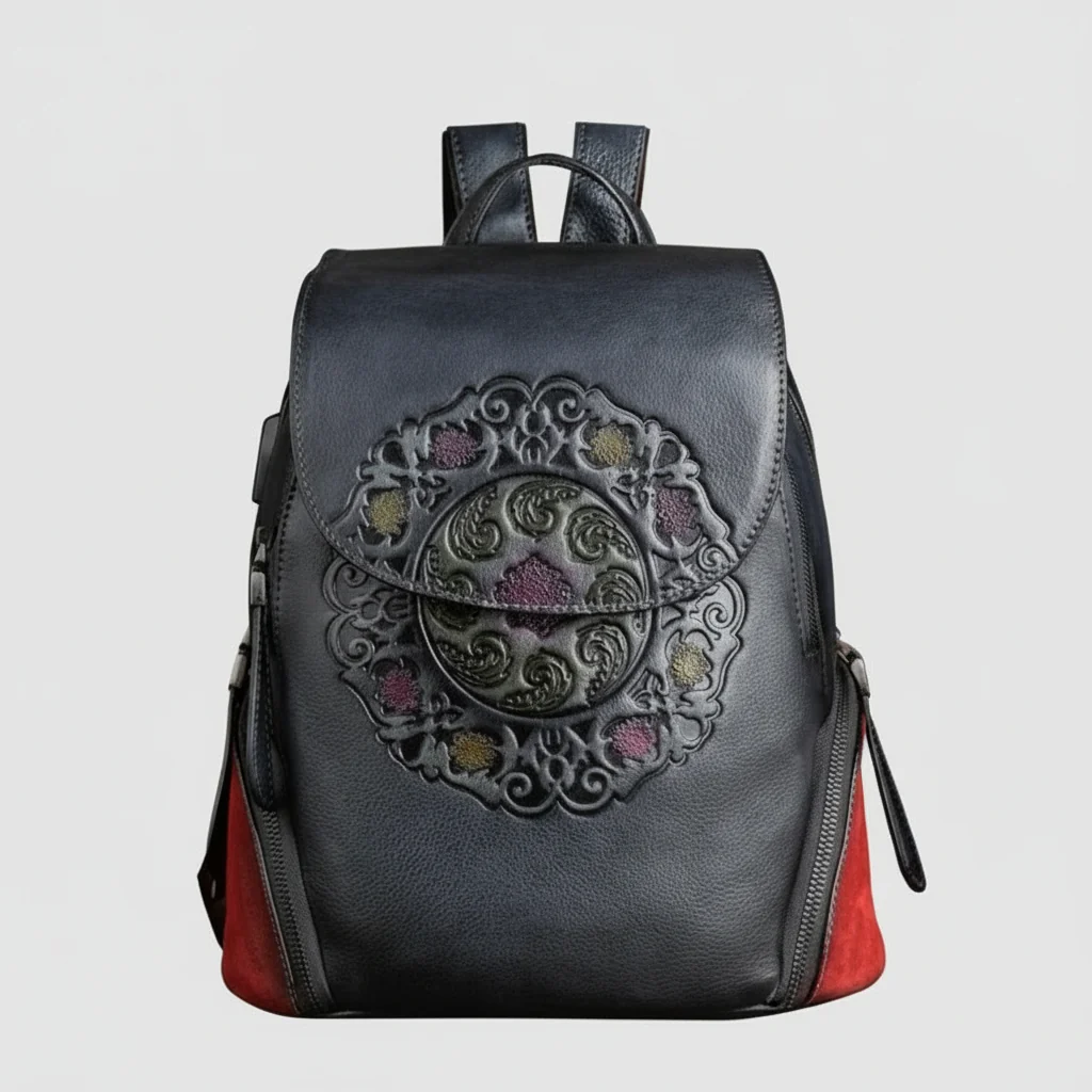 Black Vintage Embossed Women Leather Backpack