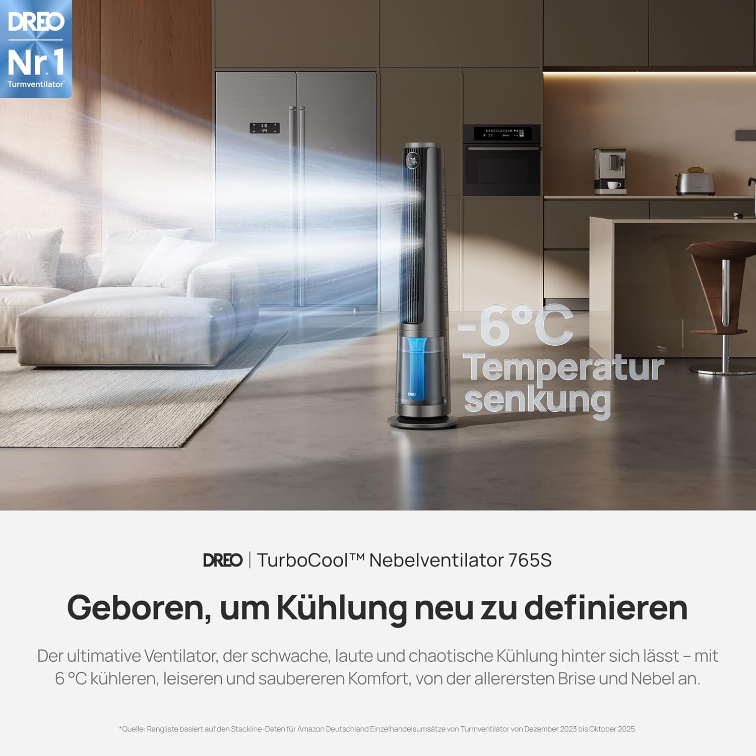DREO TurboCool Nebelventilator 765S, 3-in-1 Turmventilator mit Ultraschall, WLAN & App-Steuerung, 6 L Tank, 10.4 m/s Luftstrom, 20 dB leiser DC-Motor, 90° Oszillation, 12 Geschwindigkeiten, 4 Modi