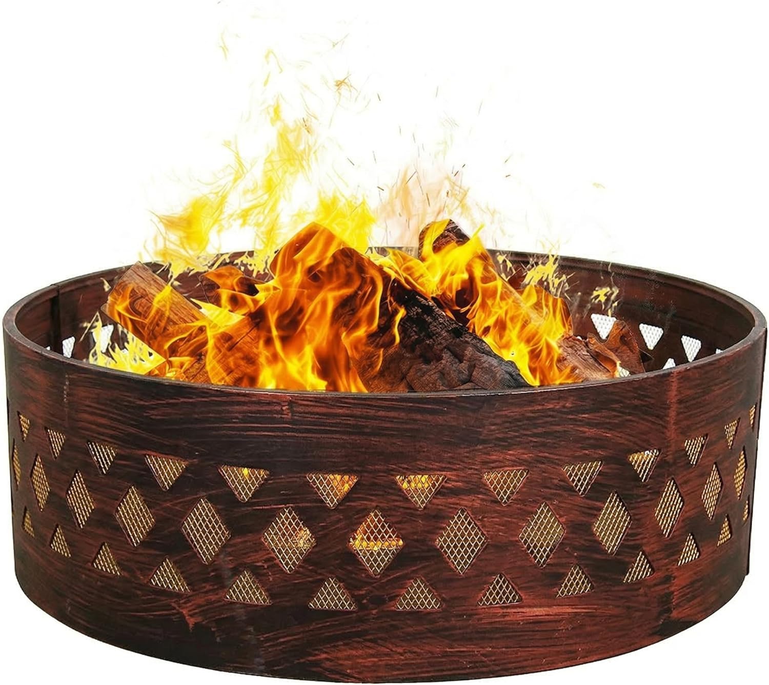 Sunnydaze 36-Inch Outdoor Fire Pit Ring with Poker - Round Heavy-Duty Steel Fire Ring for Camping or Backyard - Crossweave - 12