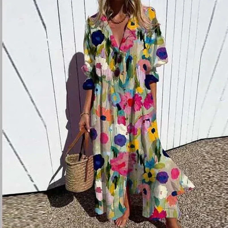 Damen Maxikleid mit Blumenmuster und V-Ausschnitt