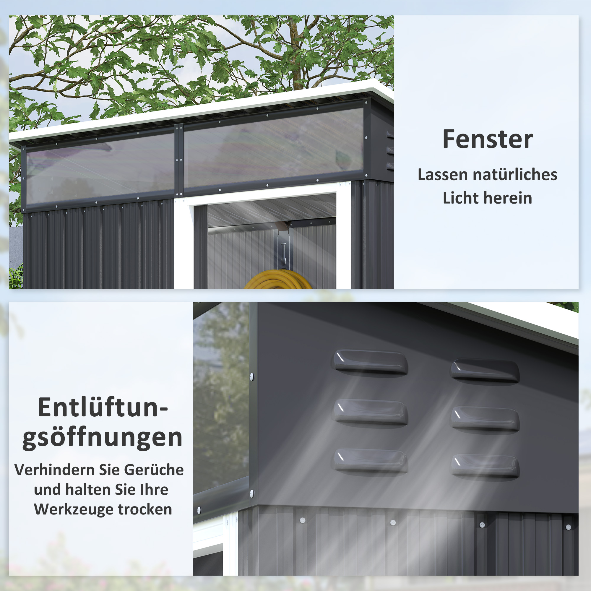 Outsunny Tuinschuur, Gereedschapsschuur met Vensters, Ventilatieopeningen, Schuifdeur, Waterdicht Staal, Weerbestendig, Donkergrijs