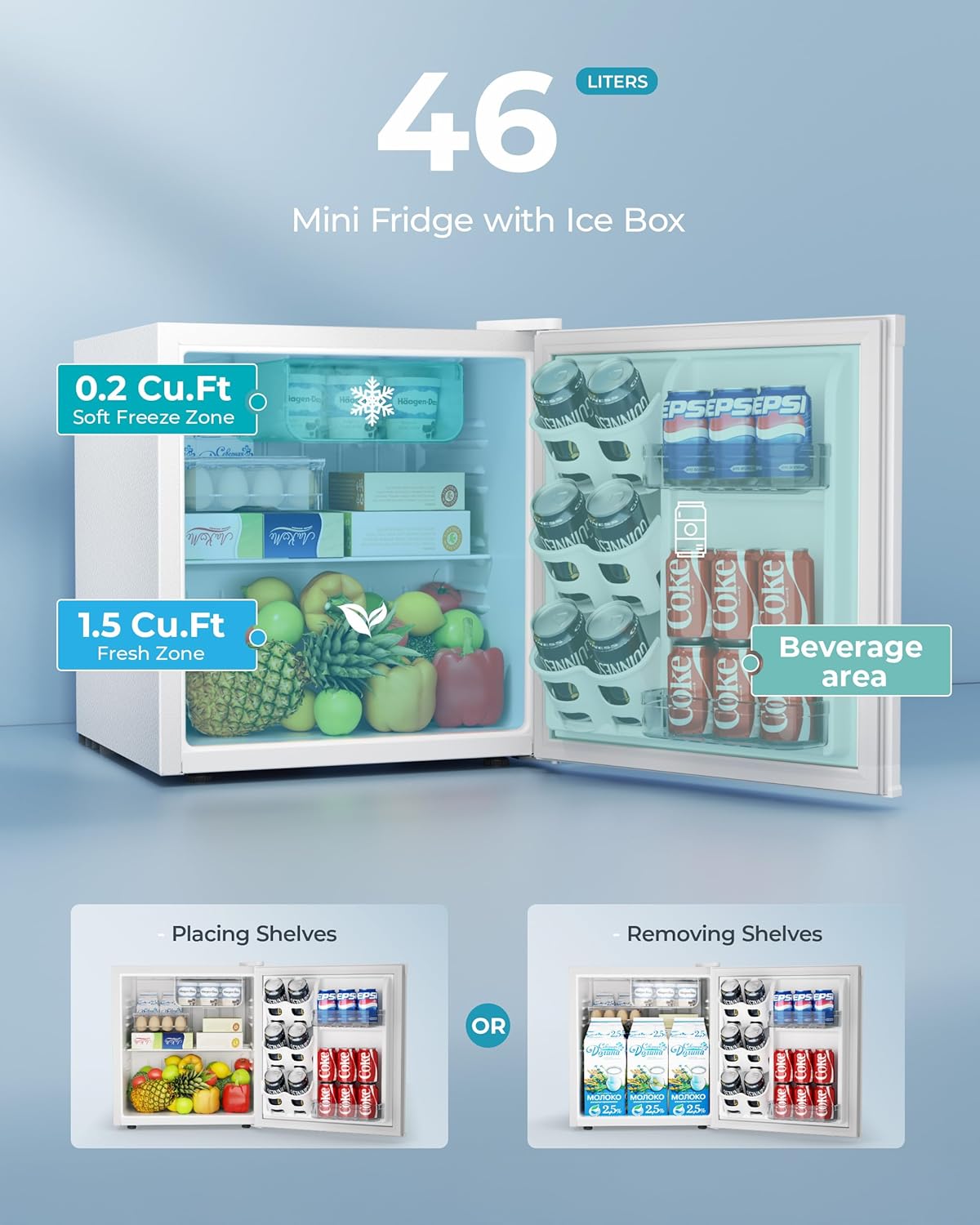 EUHOMY Mini Kühlschrank, 46L Kühlschrank klein, kleiner Kühlschrank mit umkehrbarer Tür, 7-Stufen Thermostat, 38dB Ultra-Leise, Energieeffizienter Kompaktkühlschrank für Schlafzimmer, Büro