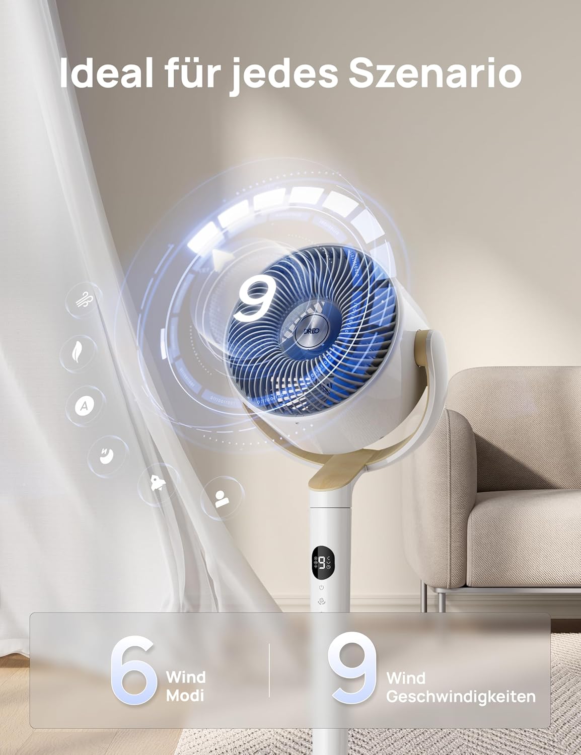 Dreo Smart Standventilator mit RGB Light, 120° +120° Oszillierender Ventilator mit Fernbedienung, 20dB Leiser Bodenventilator für Schlafzimmer, 8H Timer, Silber