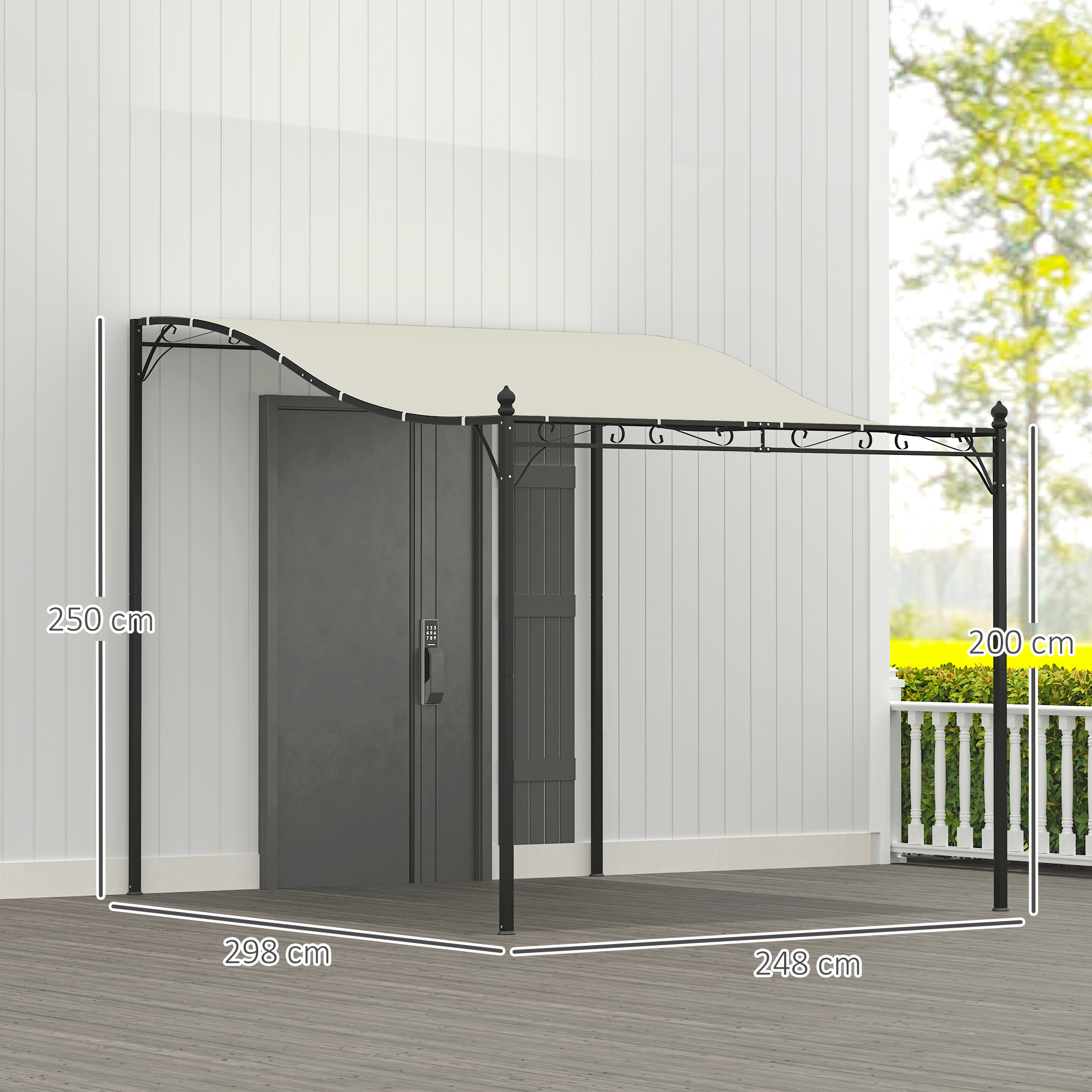 Outsunny 2,5 x 3 m Pergola, Wandgemonteerde Tuinpaviljoen, waterbestendig, Metalen frame, Afvoergaten, Schaduwdak, Crèmewit