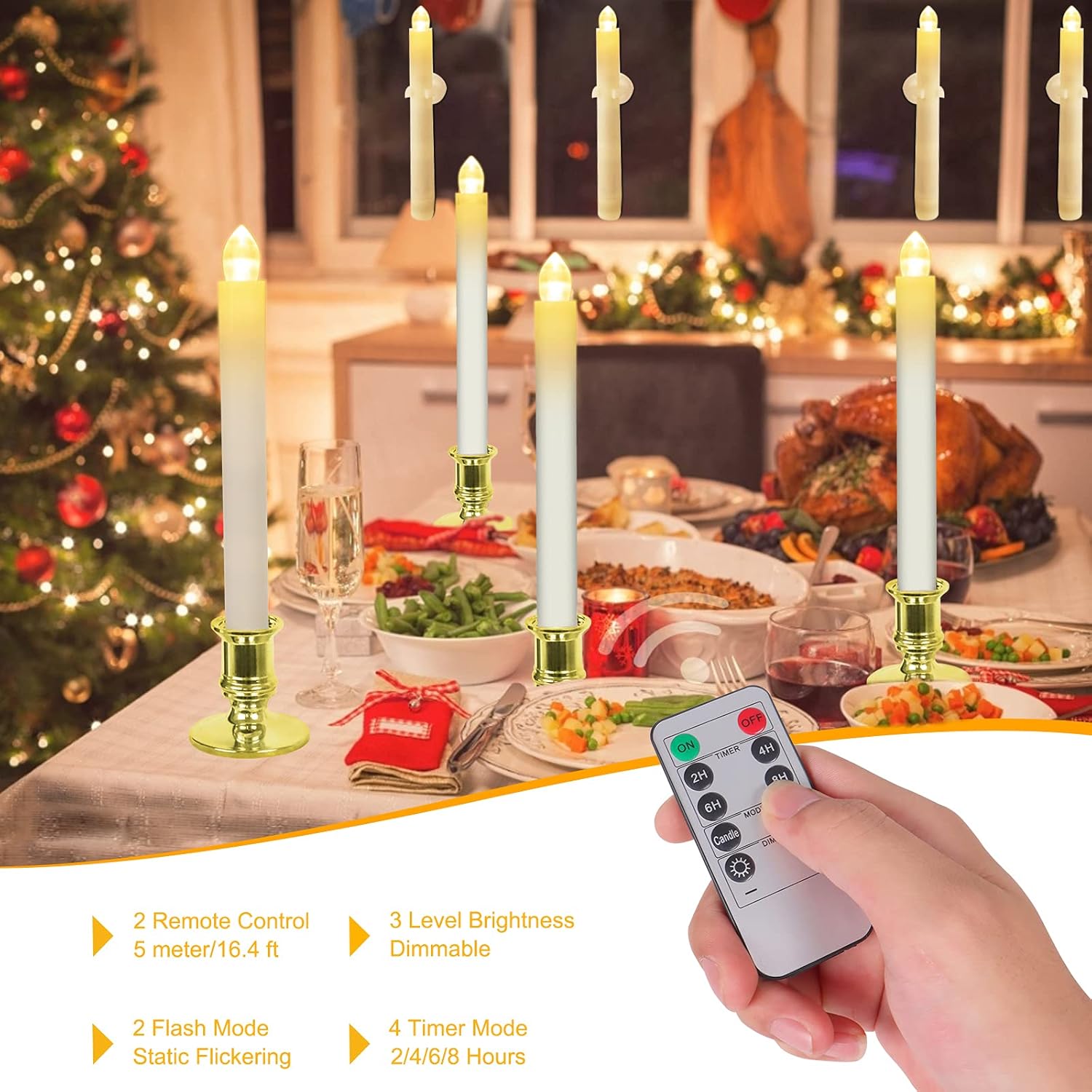 Fensterkerzen, batteriebetriebene Kerzen mit Timer, flammenlose Kerzen, batteriebetriebene Kerzen mit 2 Fernbedienungen, Weihnachtsfensterlichter, goldene flackernde Kerzen für