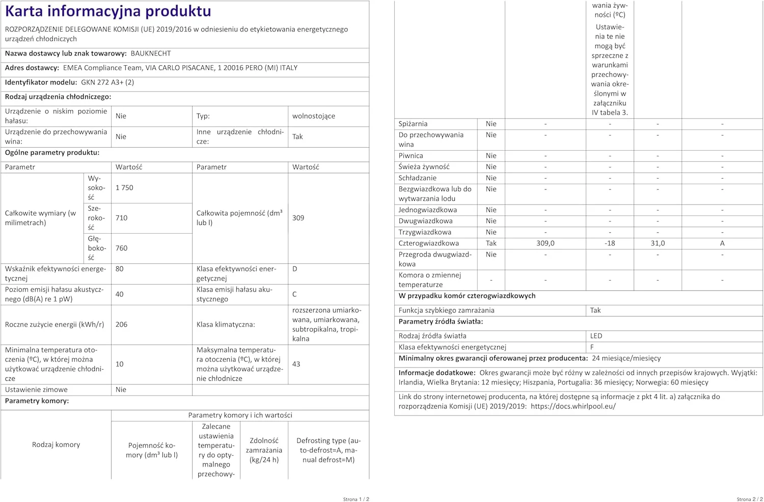 Bauknecht GKN 272 A3+ Gefrierschrank / 309 L Gesamtnutzinhalt / NoFrost / EasyOpen Ventil / Innenbeleuchtung / Elektronische Steuerung mit innenliegendem Bedienfeld, Wei?